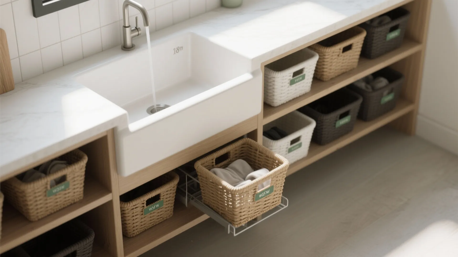 Close up of white laundry sink with water flowing and wooden shelves holding woven baskets