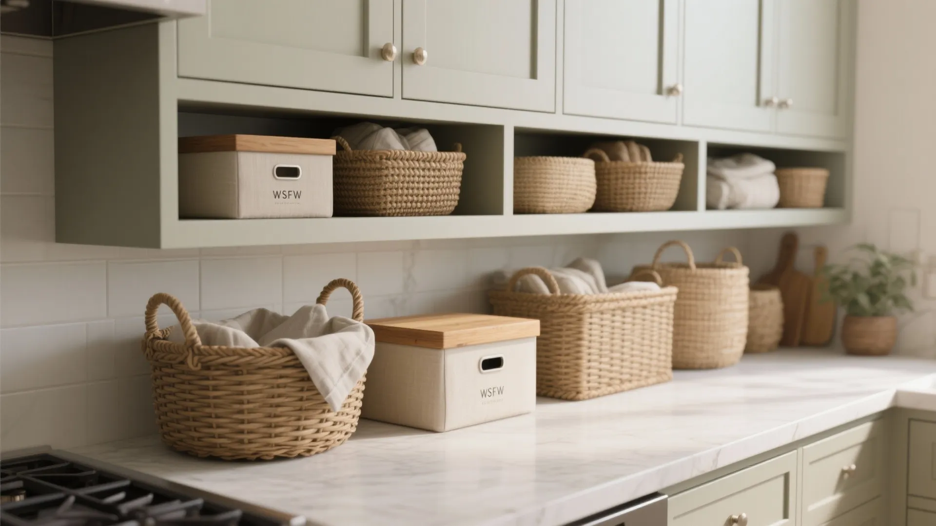 Kitchen counter and open shelving with woven baskets and storage boxes for organized home pantry