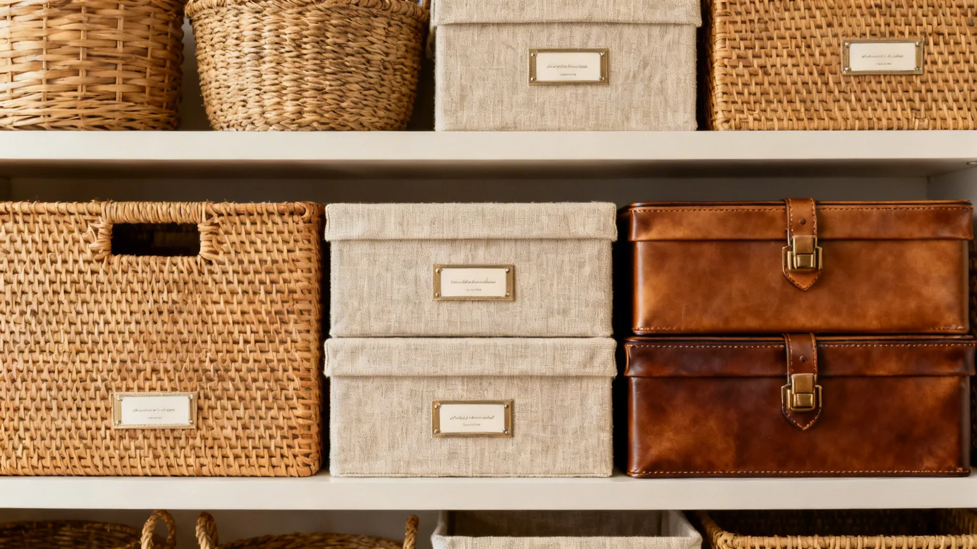 Woven baskets and decorative boxes on shelves used for concealed storage and cohesion