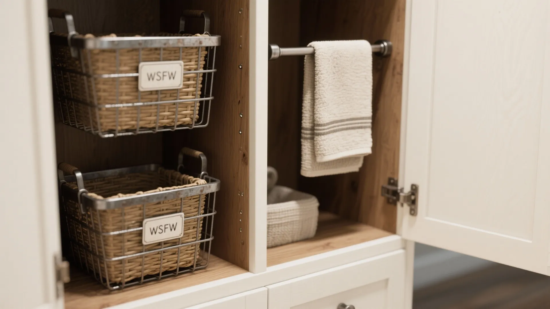 White cabinet interior with two wicker baskets on shelves and white towel on metal rod