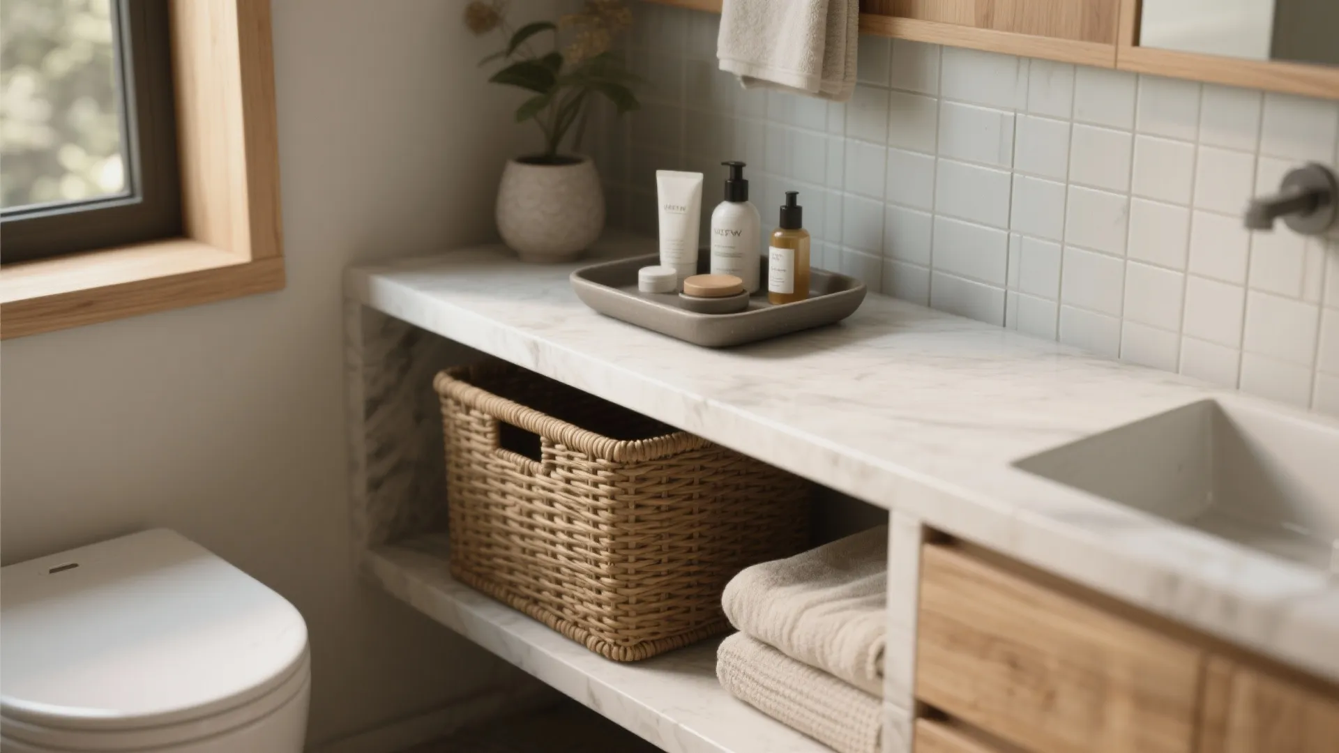 2. Woven baskets and ceramic trays for hidden storage