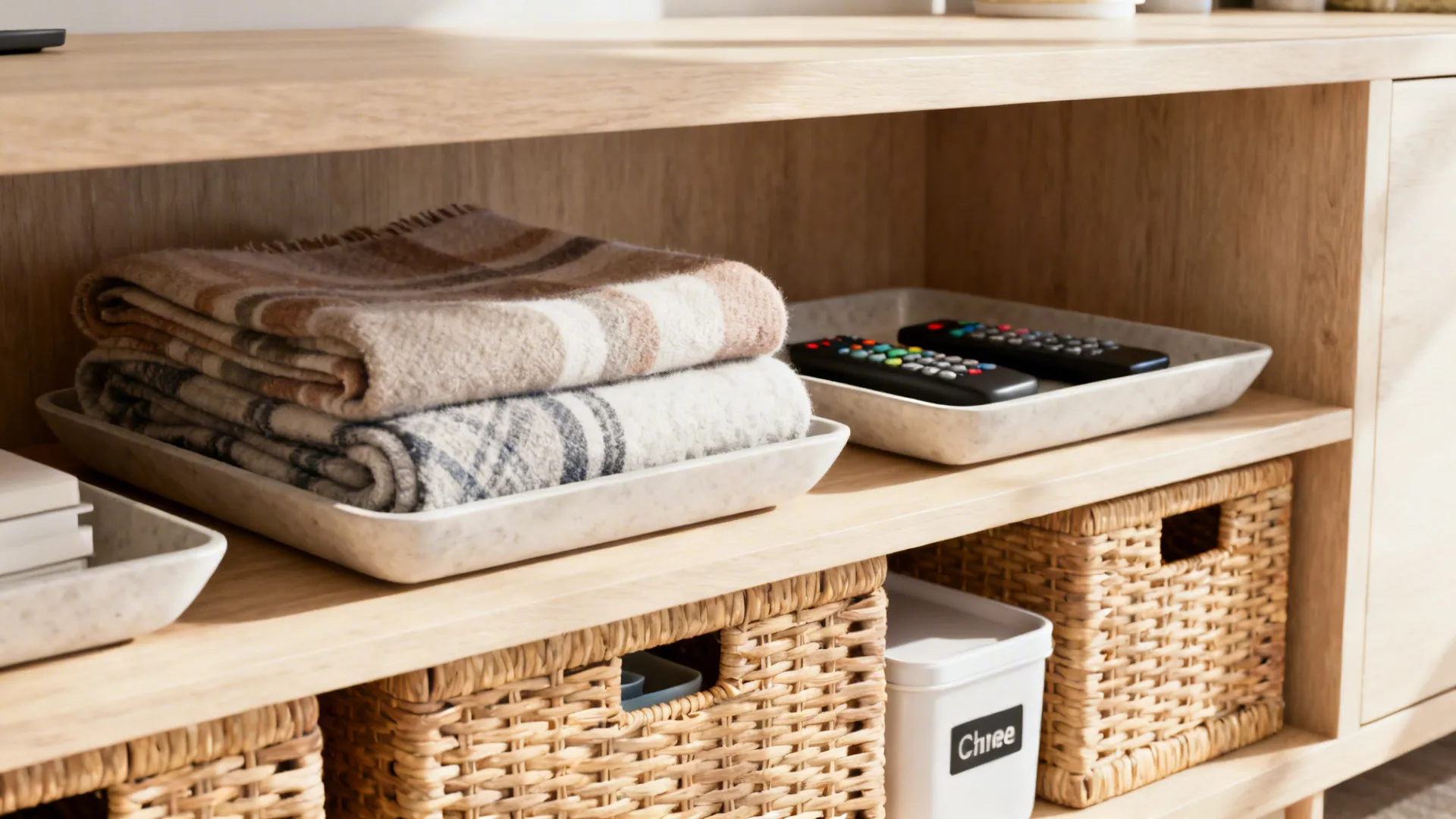 4. Functional Styling: Storage Baskets and Trays
