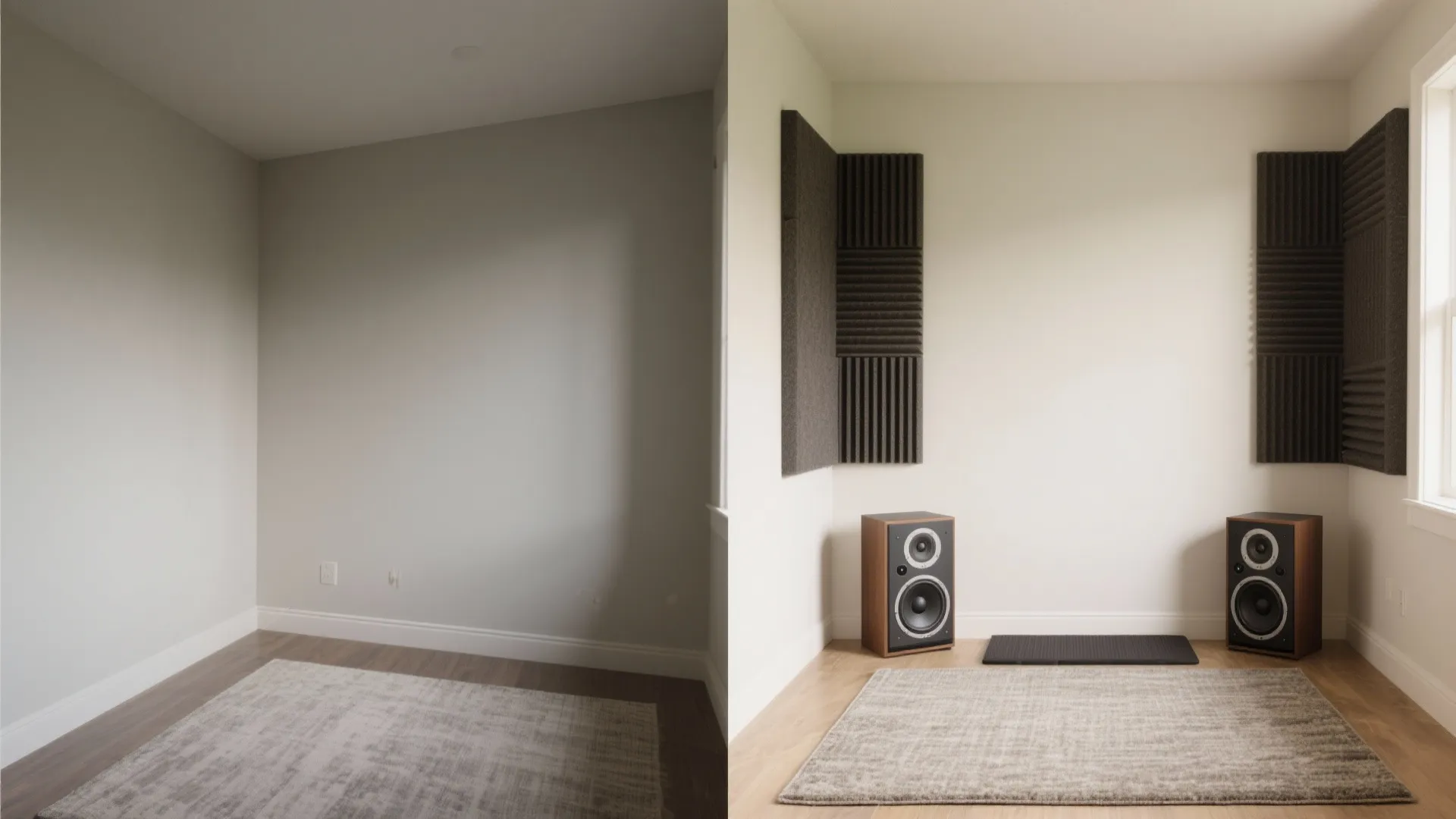 Comparison showing empty room corner versus same corner with two speakers and grey wall panels