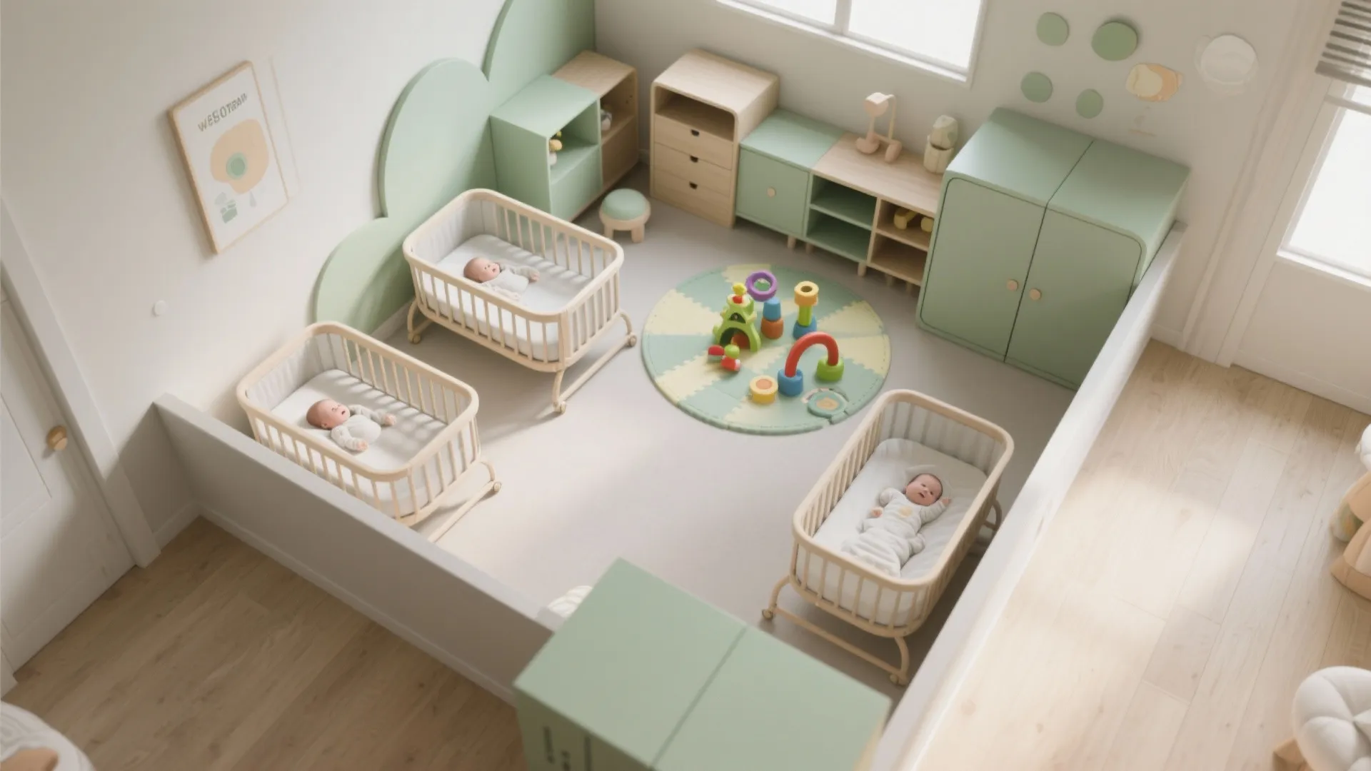 Nursery room layout featuring three small baby cribs green cabinets round rug and colorful toys