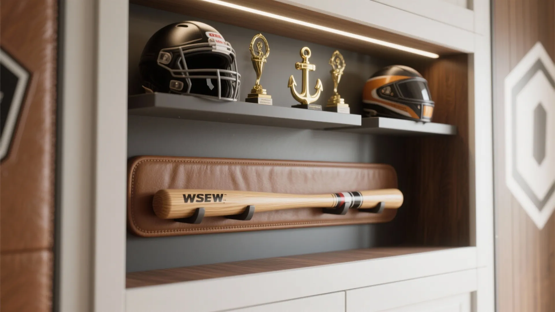 Built in display shelf with sports helmets and trophies above a wall mounted wooden bat