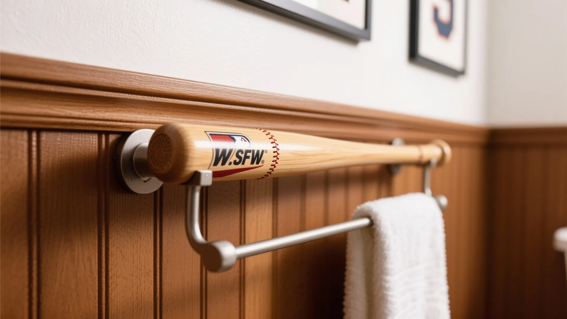 Baseball bat themed metal towel rack mounted on a brown wood wall panel with white towel