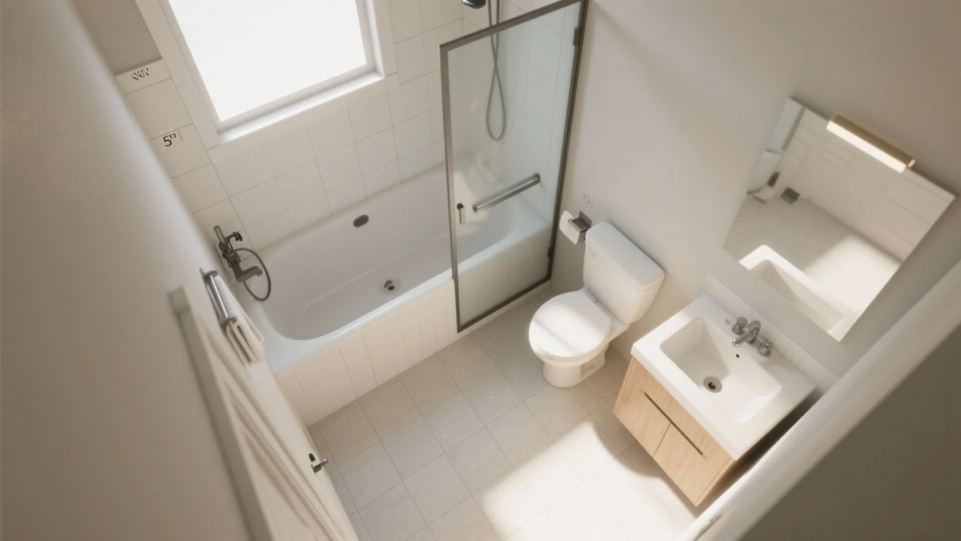 Top view of white bathroom with bathtub glass shower door toilet wooden cabinet and white sink