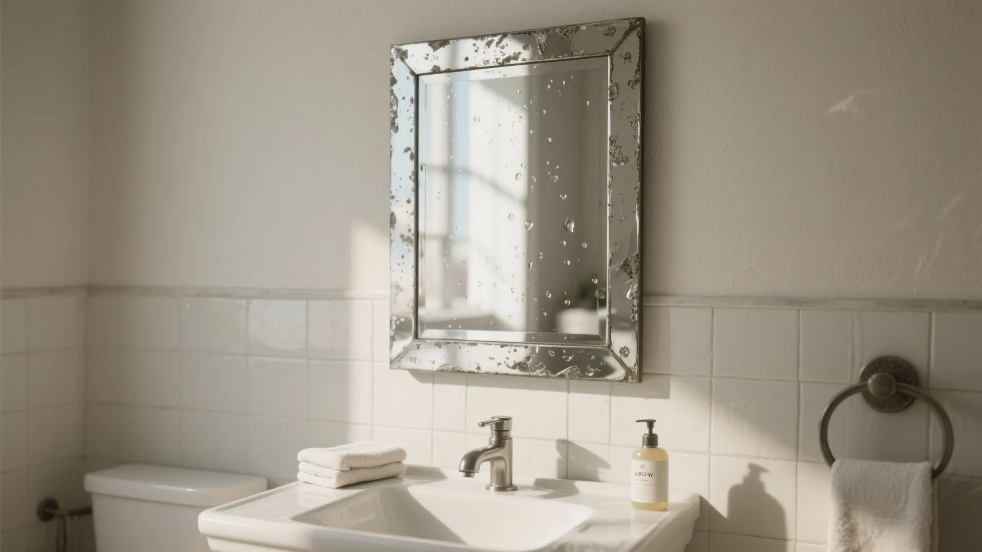 Bright bathroom with a square vintage mirror hanging over a white sink and tiled wall