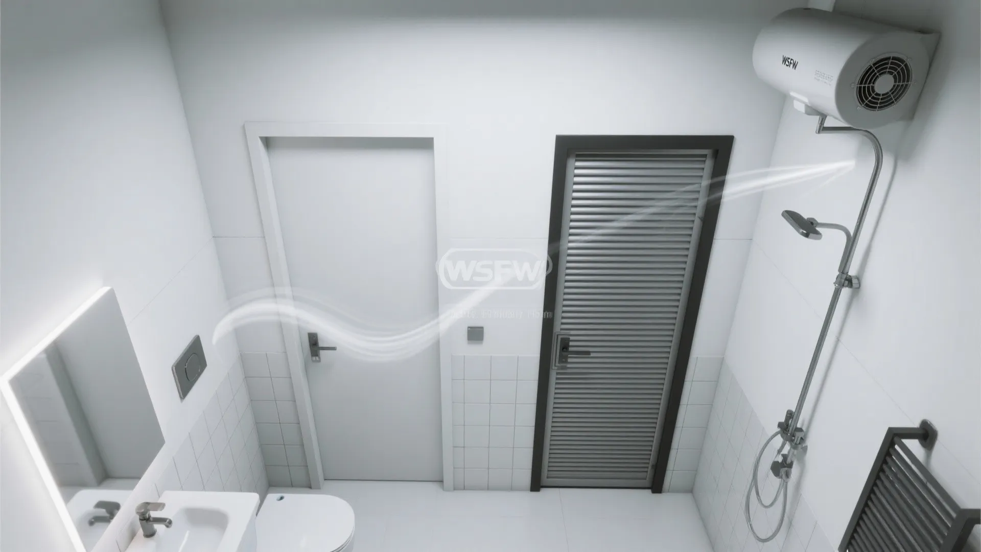 Interior design drawing showing air flow from a ceiling fan heater inside a small bathroom