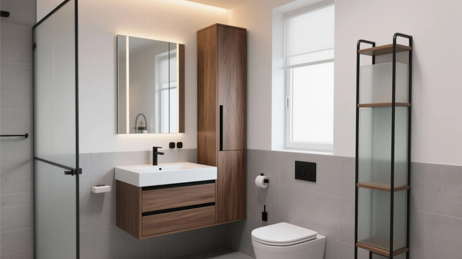Modern bathroom with wooden wall cabinet white sink mirror tall wooden storage toilet and metal shelf