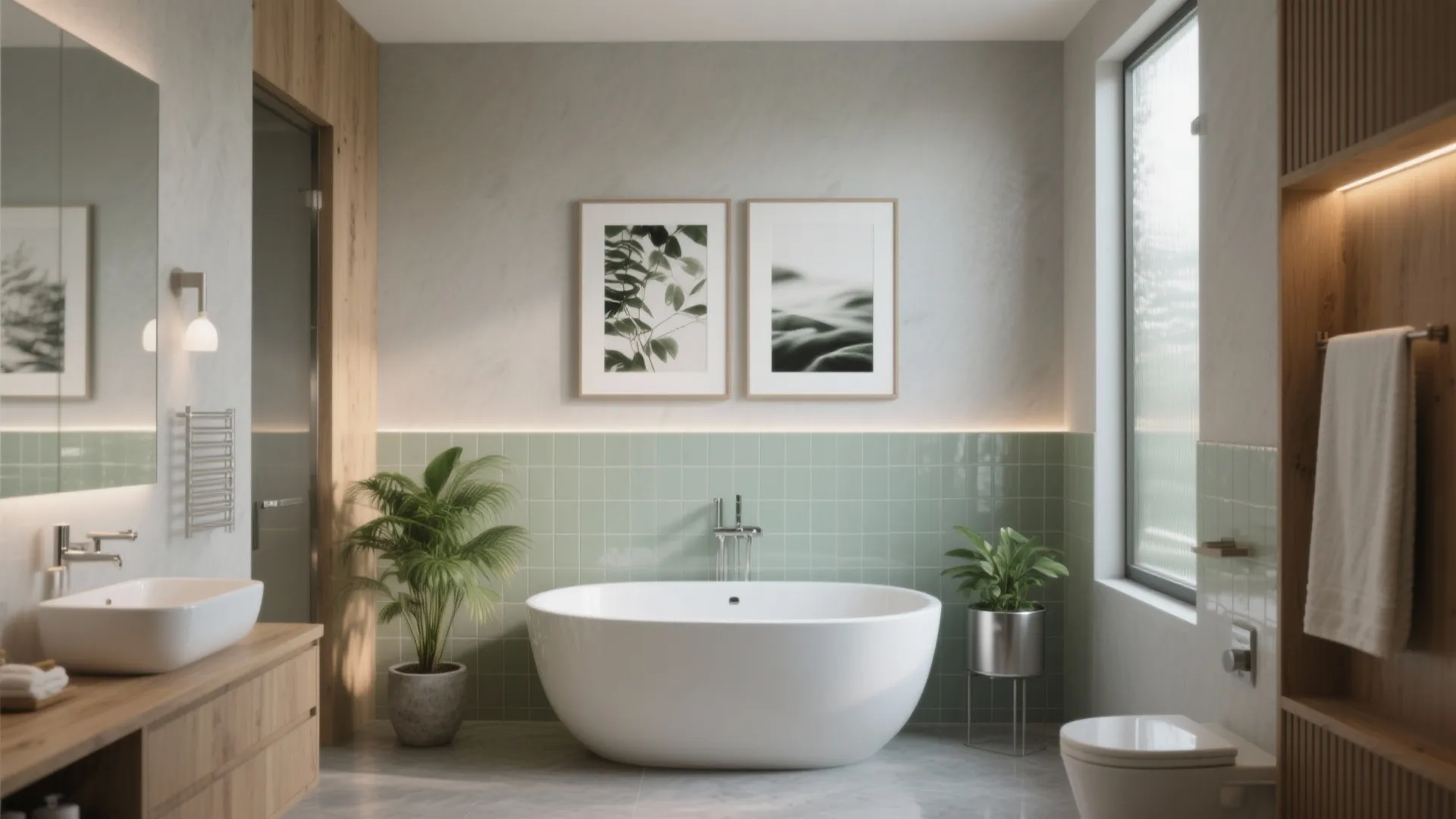 Bright bathroom with white freestanding bathtub green wall tiles and two green plants in pots