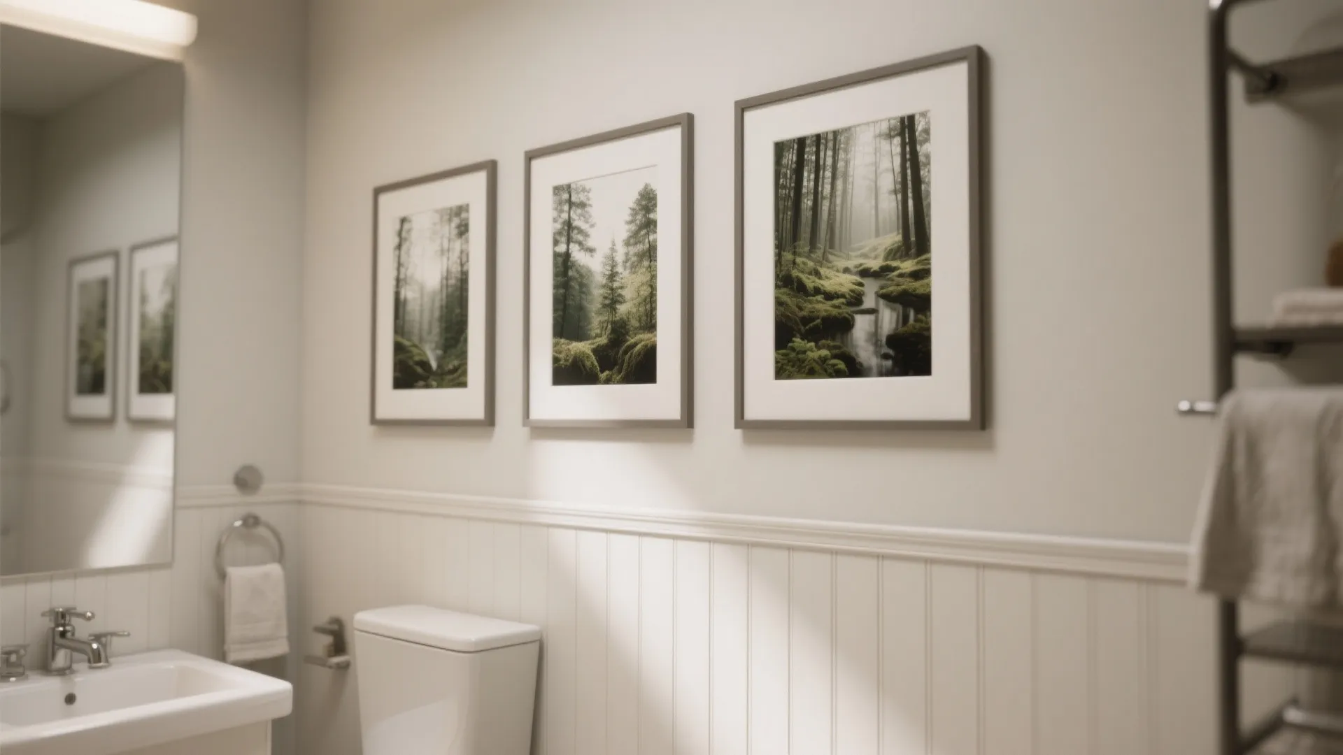 Bathroom wall with matte waterproof framed art above tile wainscoting