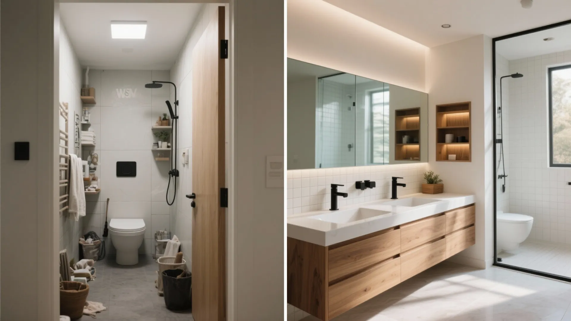 Before-and-after comparison of a small bathroom transformed with minimalist storage, glass backsplash, L-shaped vanity, wood accents and matte black fixtures.