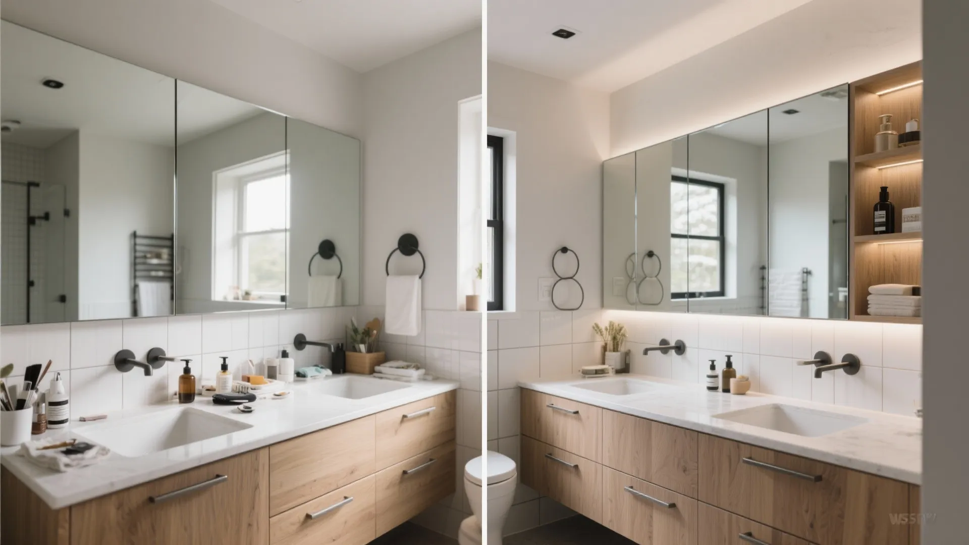 Before and after comparison of bathroom vanity showing updated mirror cabinet with warm integrated lights