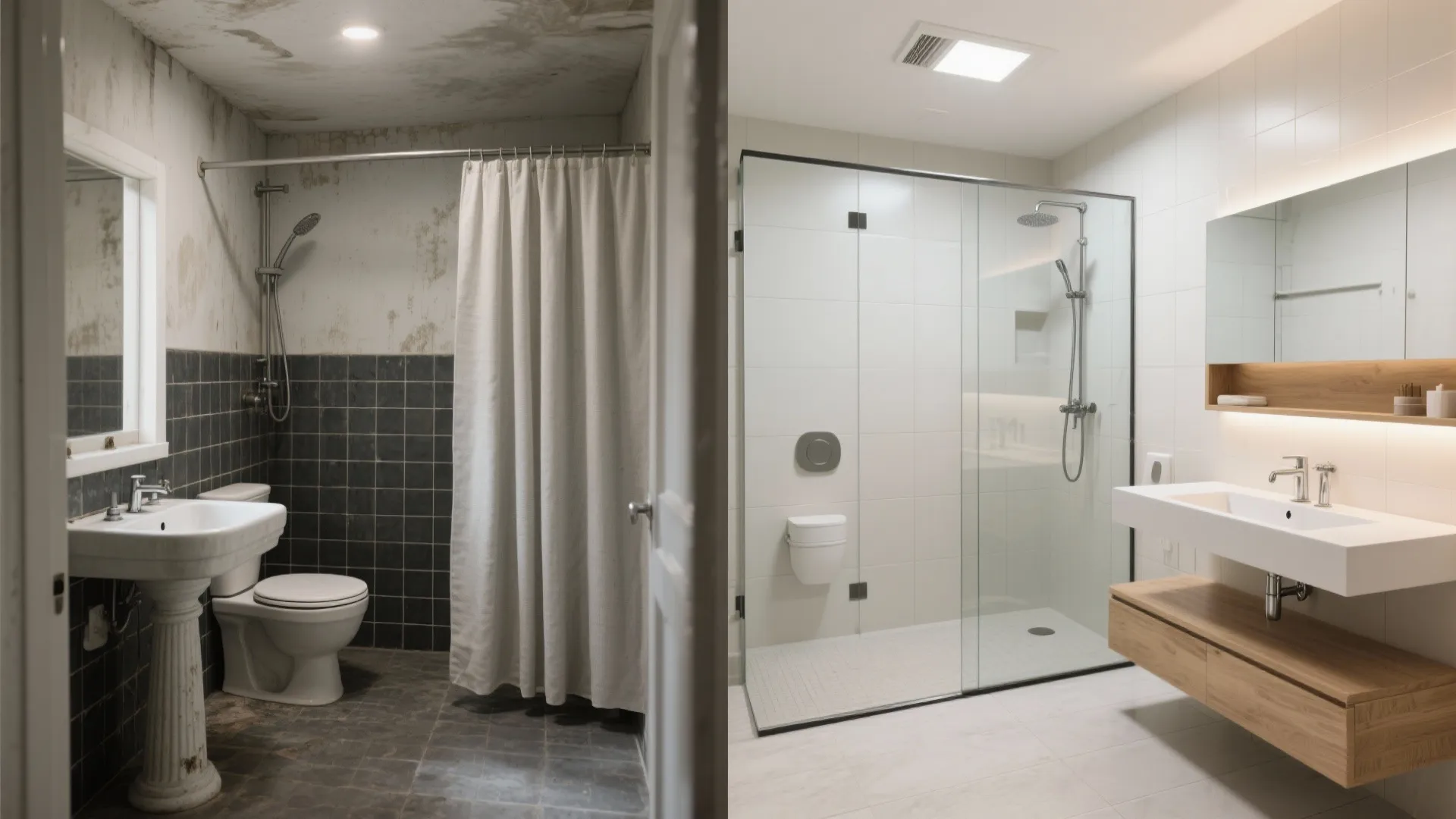 Before and after comparison of an old dark bathroom versus a bright modern renovation design