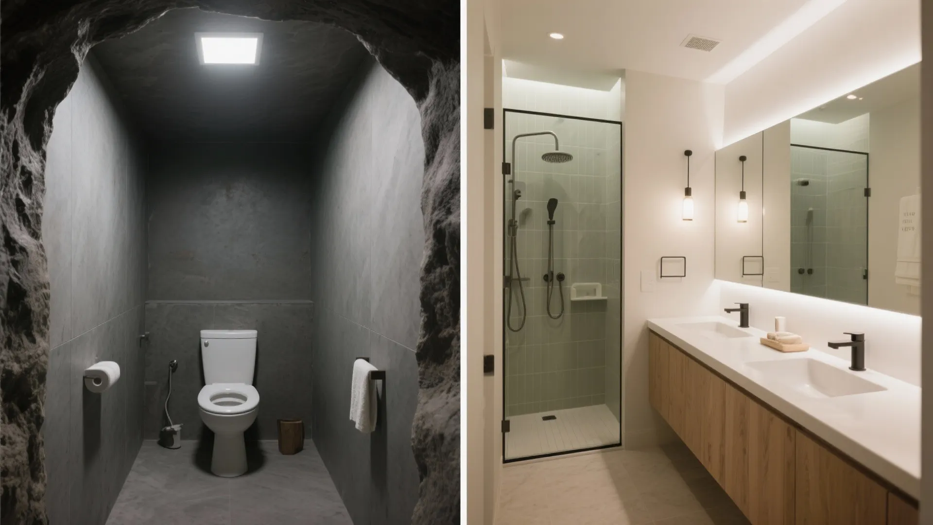 Before and after comparison of a dark stone toilet room and a modern bright bathroom