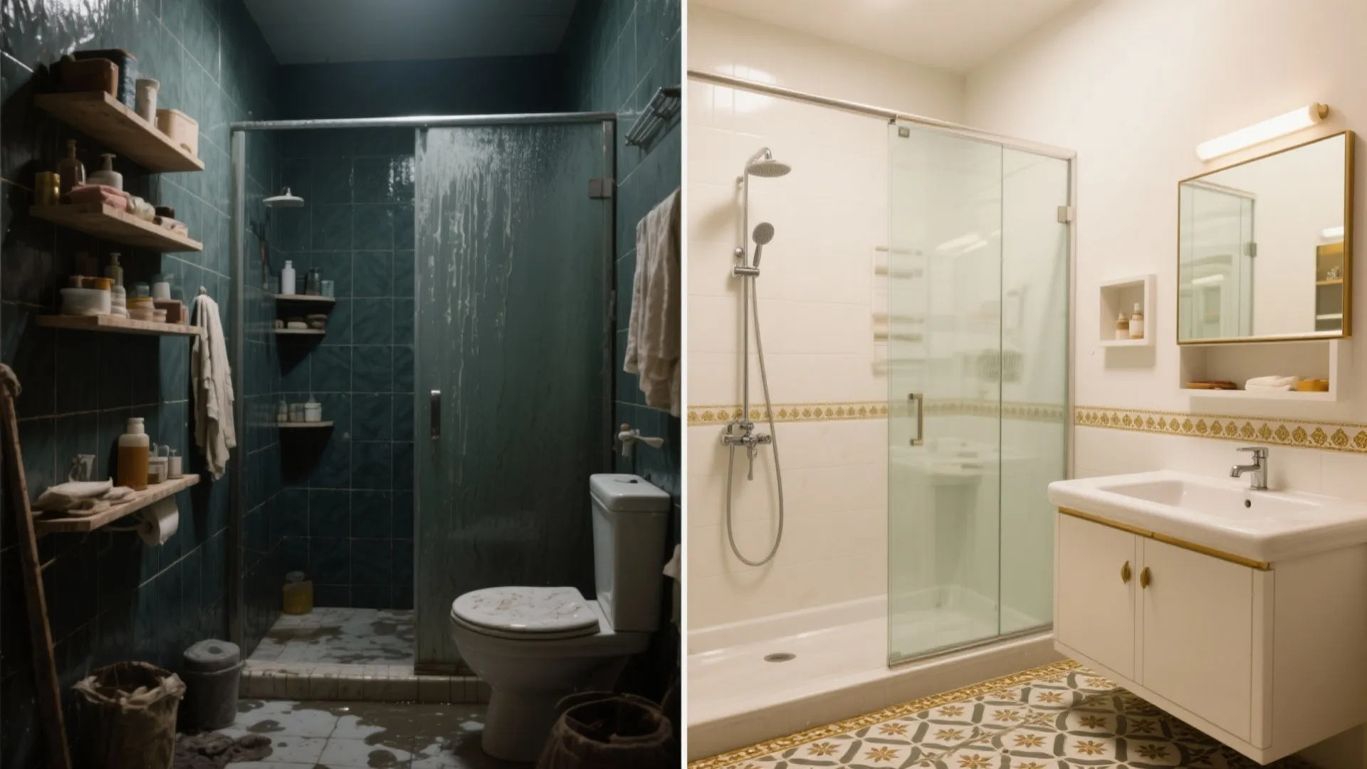 Before and after comparison of a dark old bathroom versus a bright clean modern bathroom design