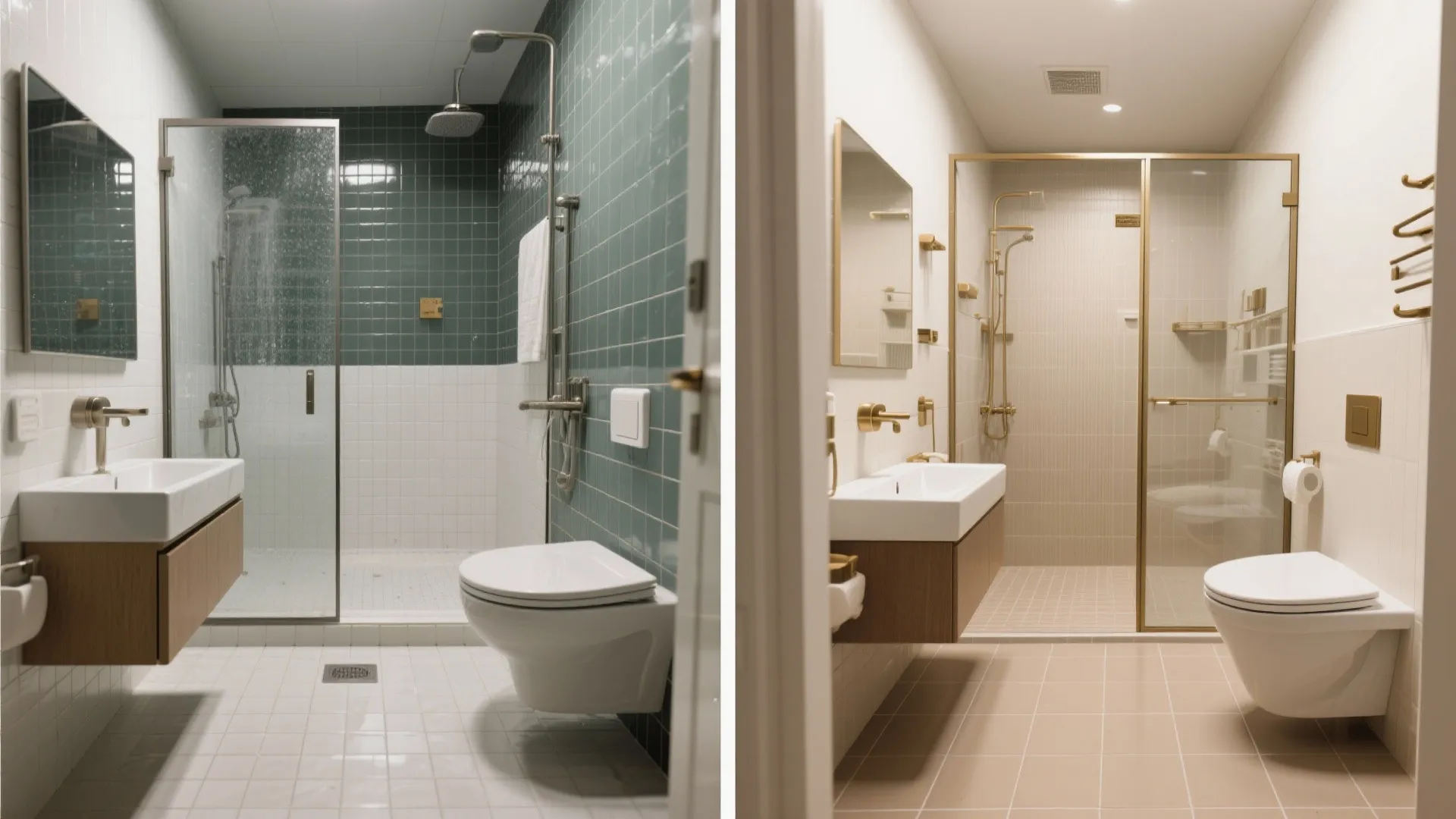 Before and after comparison of green tiled bathroom versus warm beige interior design with gold accents