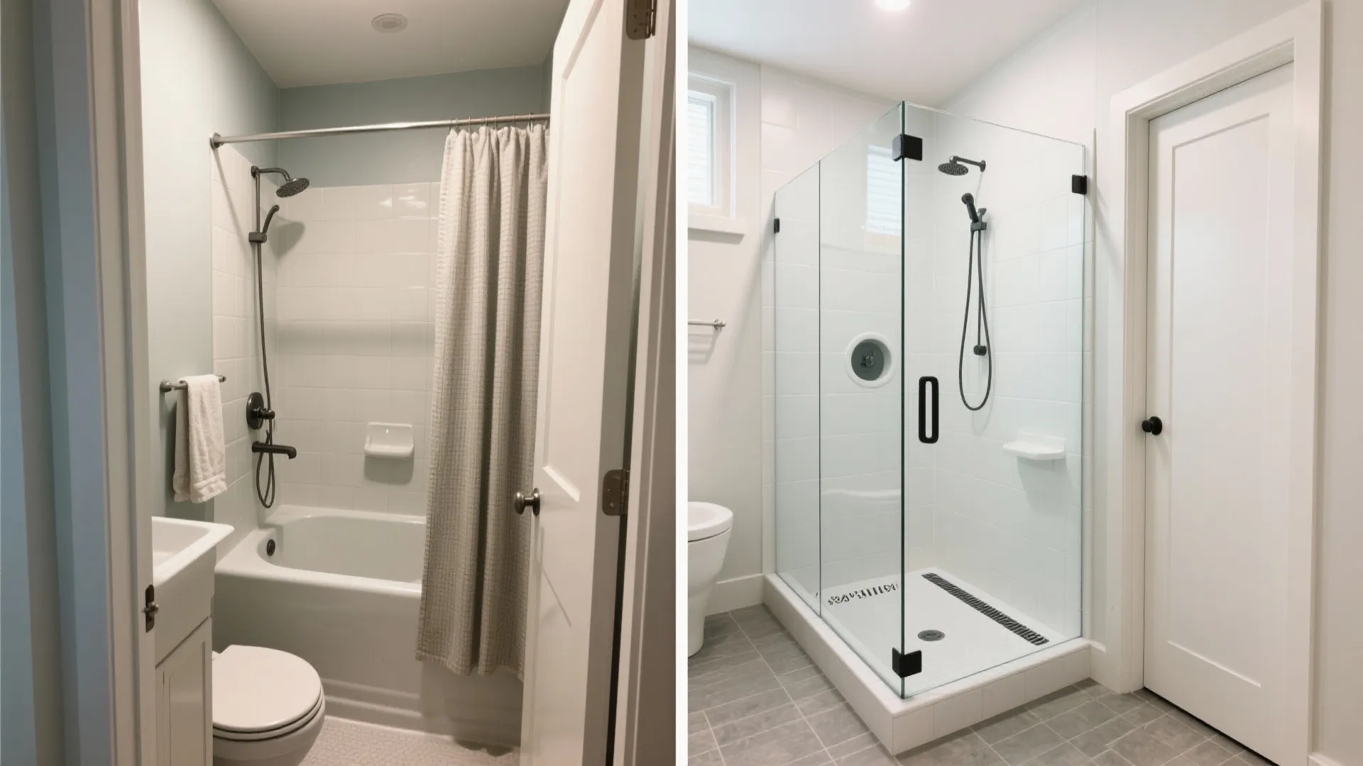 Before and after comparison of old bathroom with curtain and new walk in glass shower