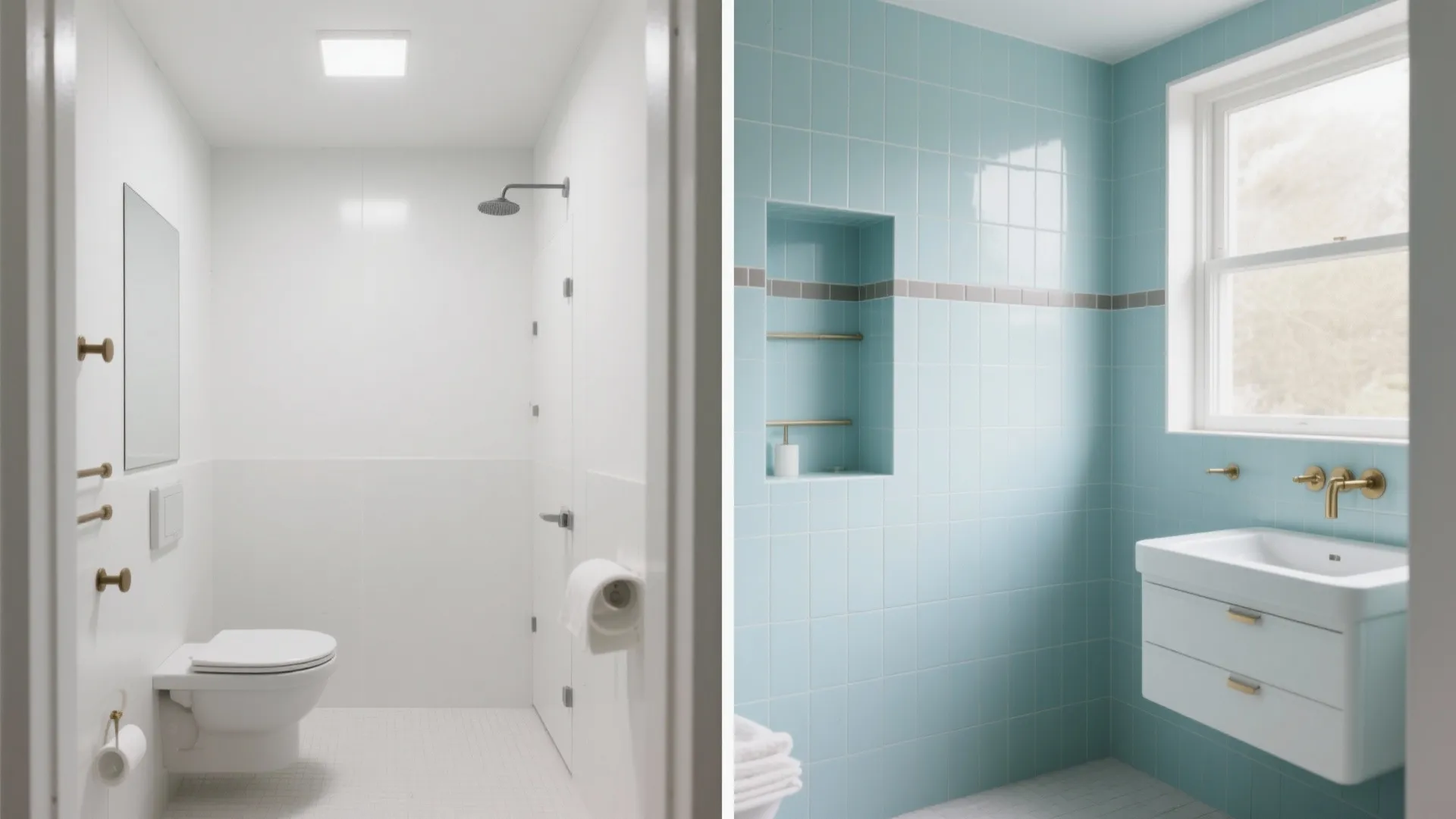 Before and after comparison of a plain white bathroom versus a bright blue tiled bathroom