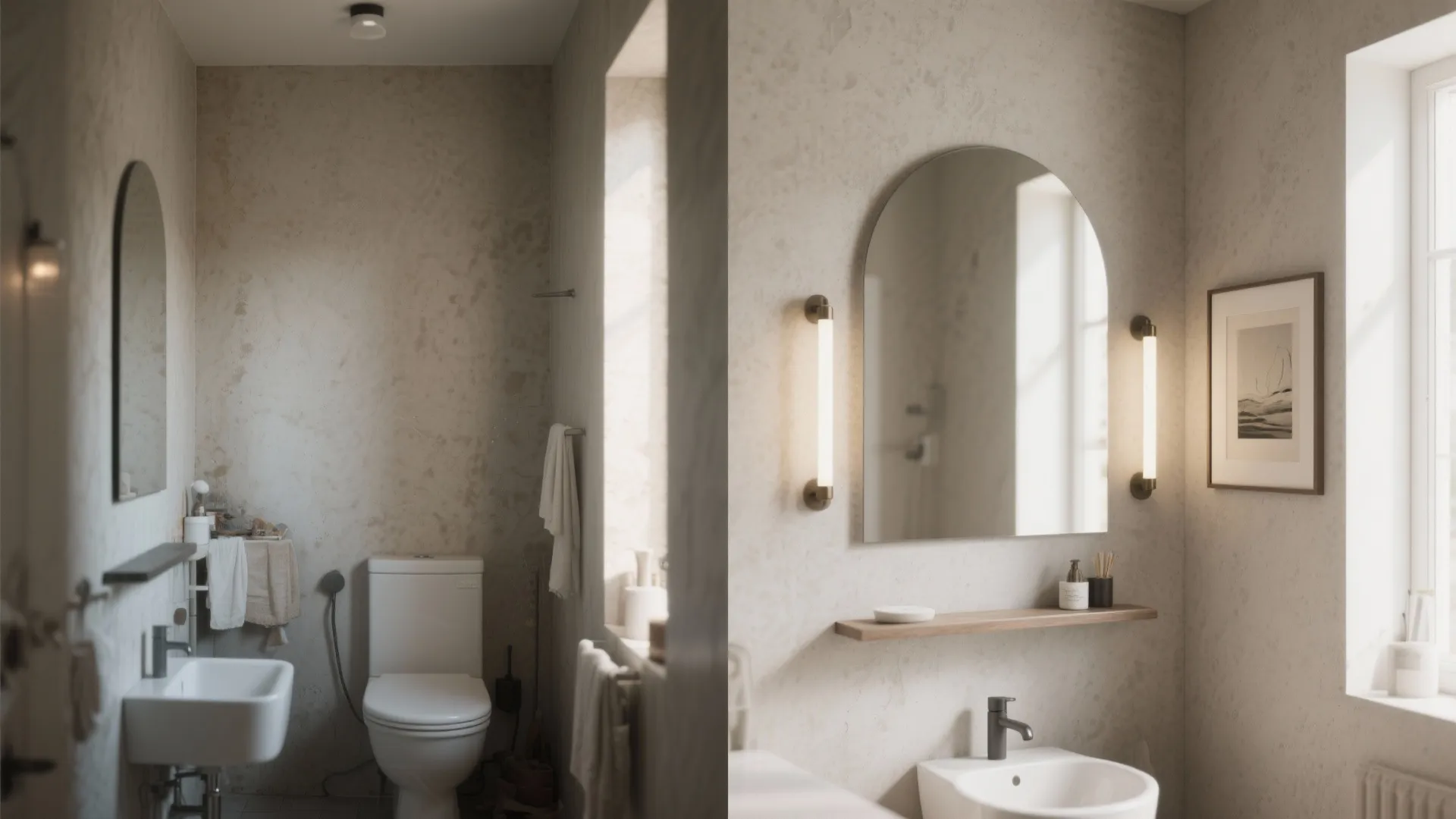 Before-and-after of a small bathroom wall upgraded with mirror, sconces, microcement, shelf, and art
