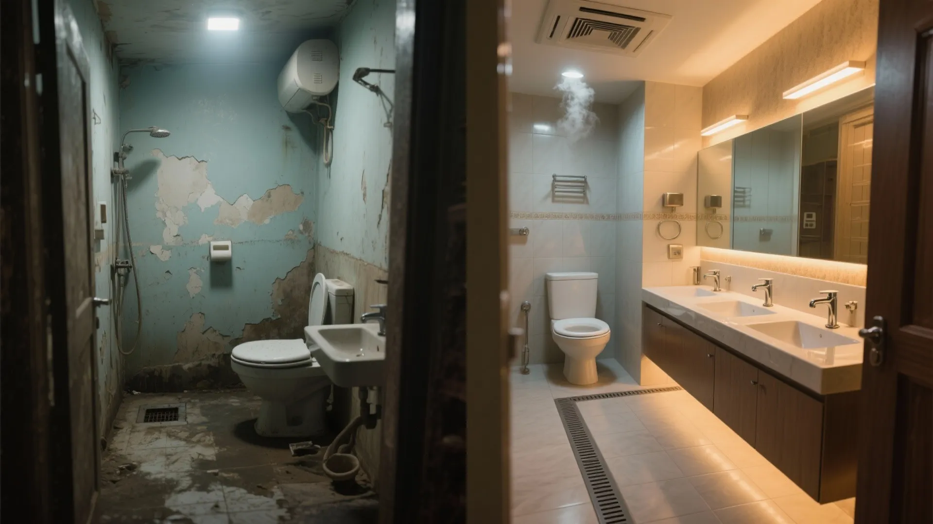 Before and after comparison of a broken old bathroom versus a modern clean white bathroom space