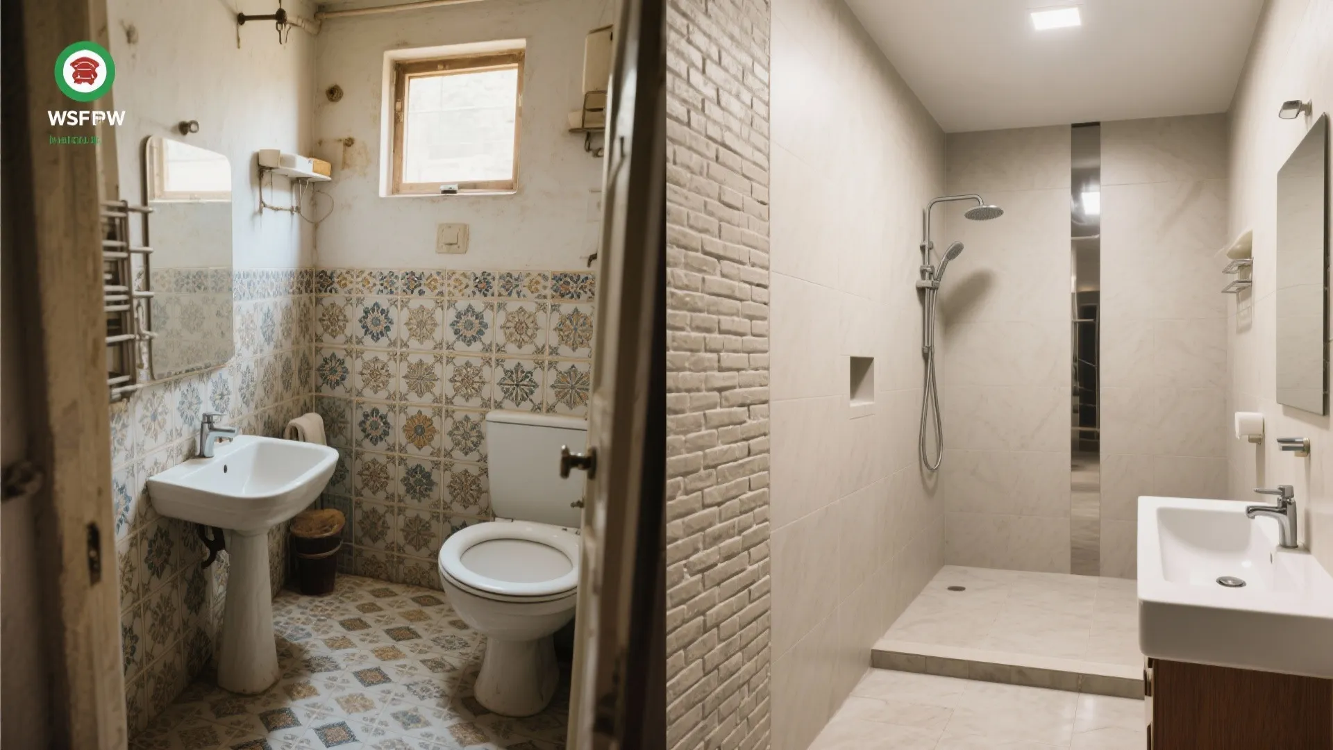 Comparison of an old patterned bathroom next to a clean modern shower and sink layout