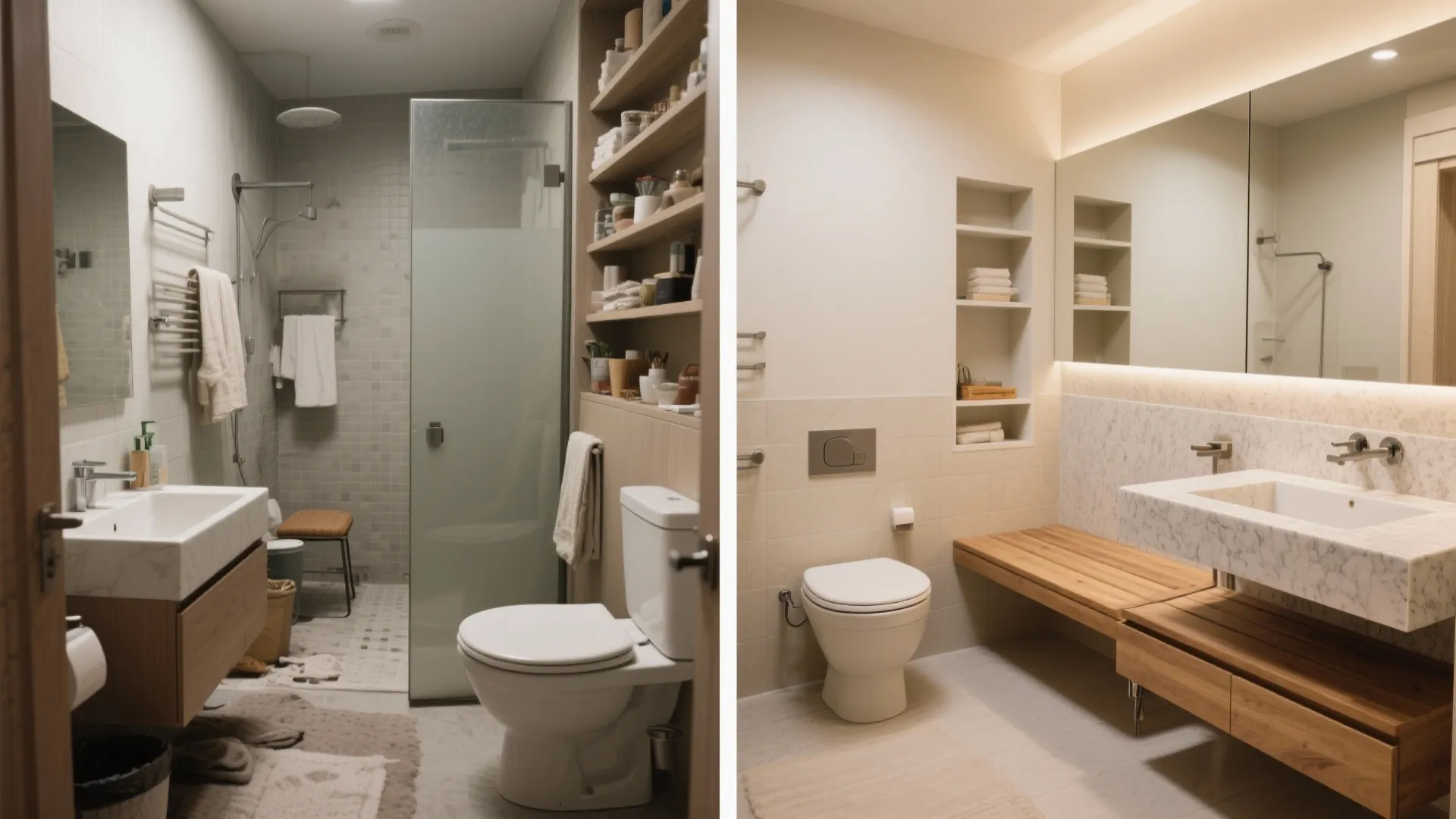 Before-and-after of a small bathroom showing added seating solutions and cohesive finishes.