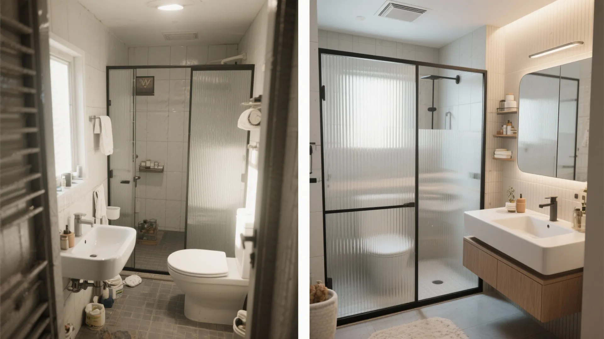 Before and after comparison of bathroom renovation showing new glass doors and wood bathroom cabinet