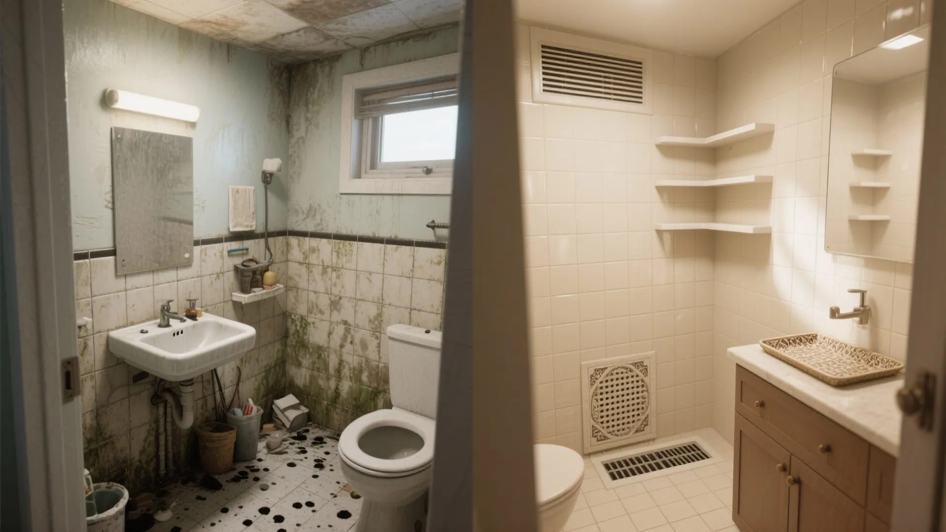 Before and after comparison of a dirty moldy bathroom versus a clean modern renovated bathroom