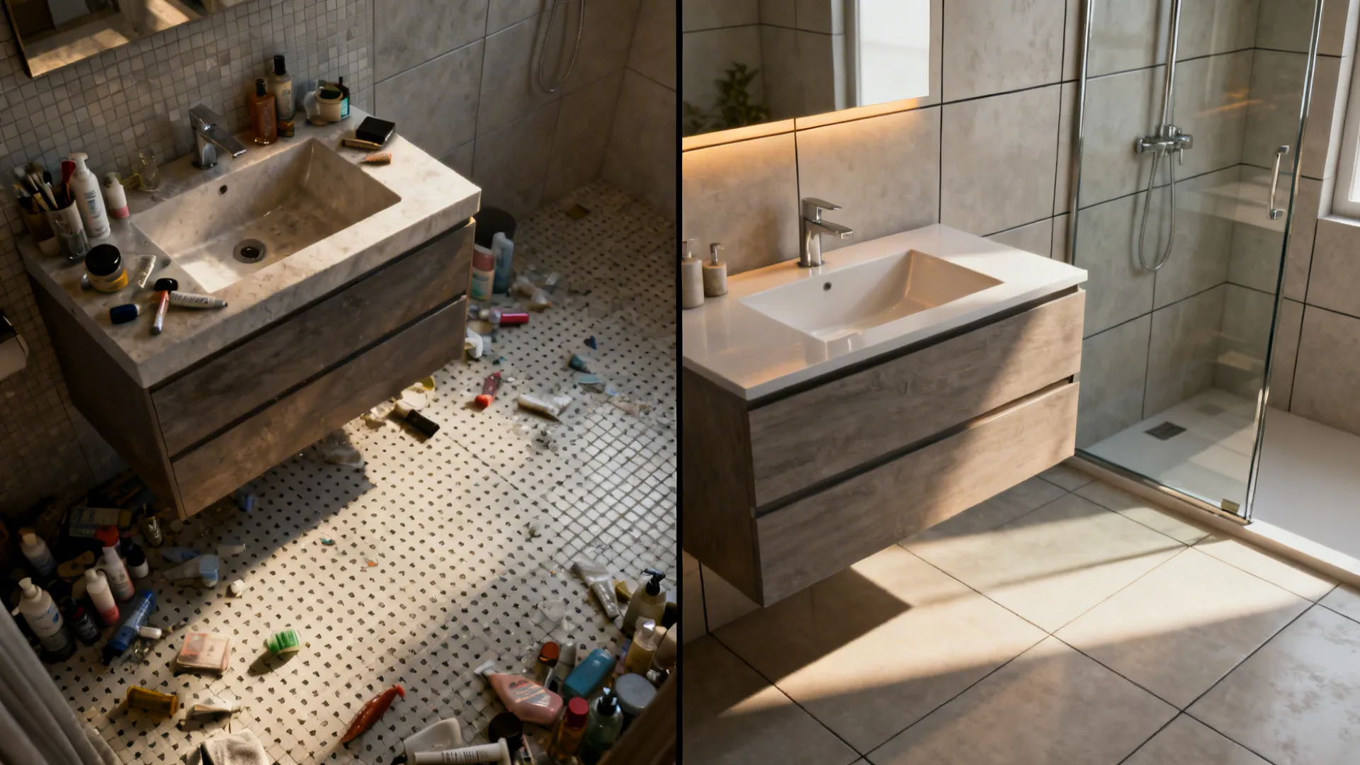 Before-and-after of a small bathroom from cluttered to wall-hung vanity with large tiles.