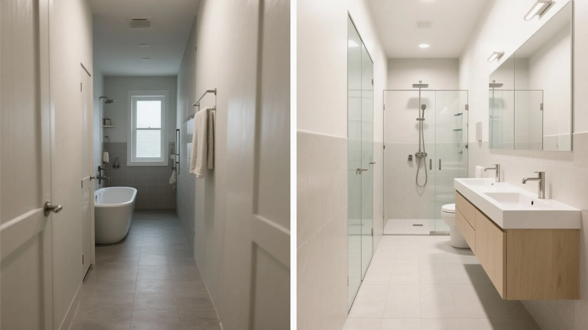 Before and after comparison of narrow dark bathroom transformed into bright modern white shower room design