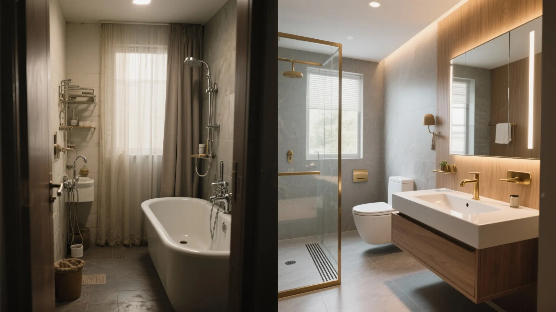 Before-and-after comparison showing an old bathroom with bathtub versus a modern renovated shower and sink