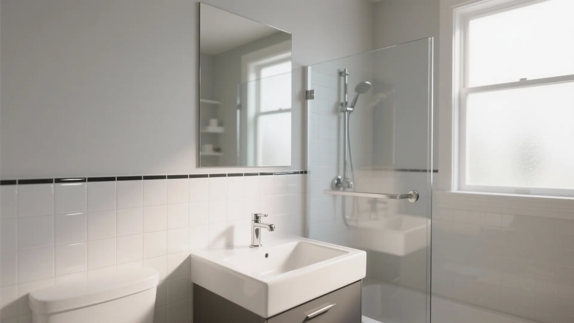 Modern bathroom interior featuring white square wall tiles with black border line and glass shower
