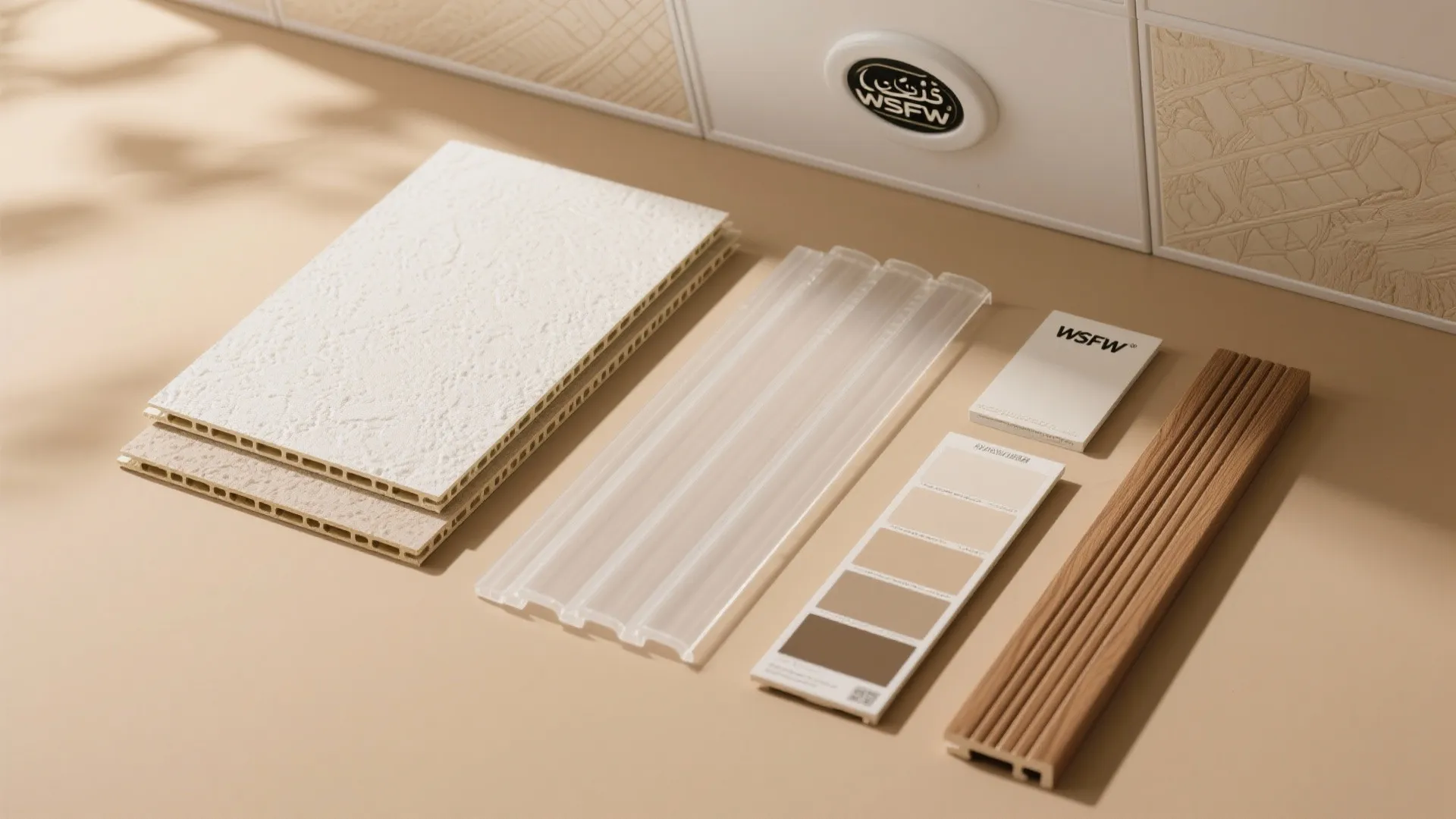 Flat lay of interior design materials including wall panels wood planks and neutral color swatch samples