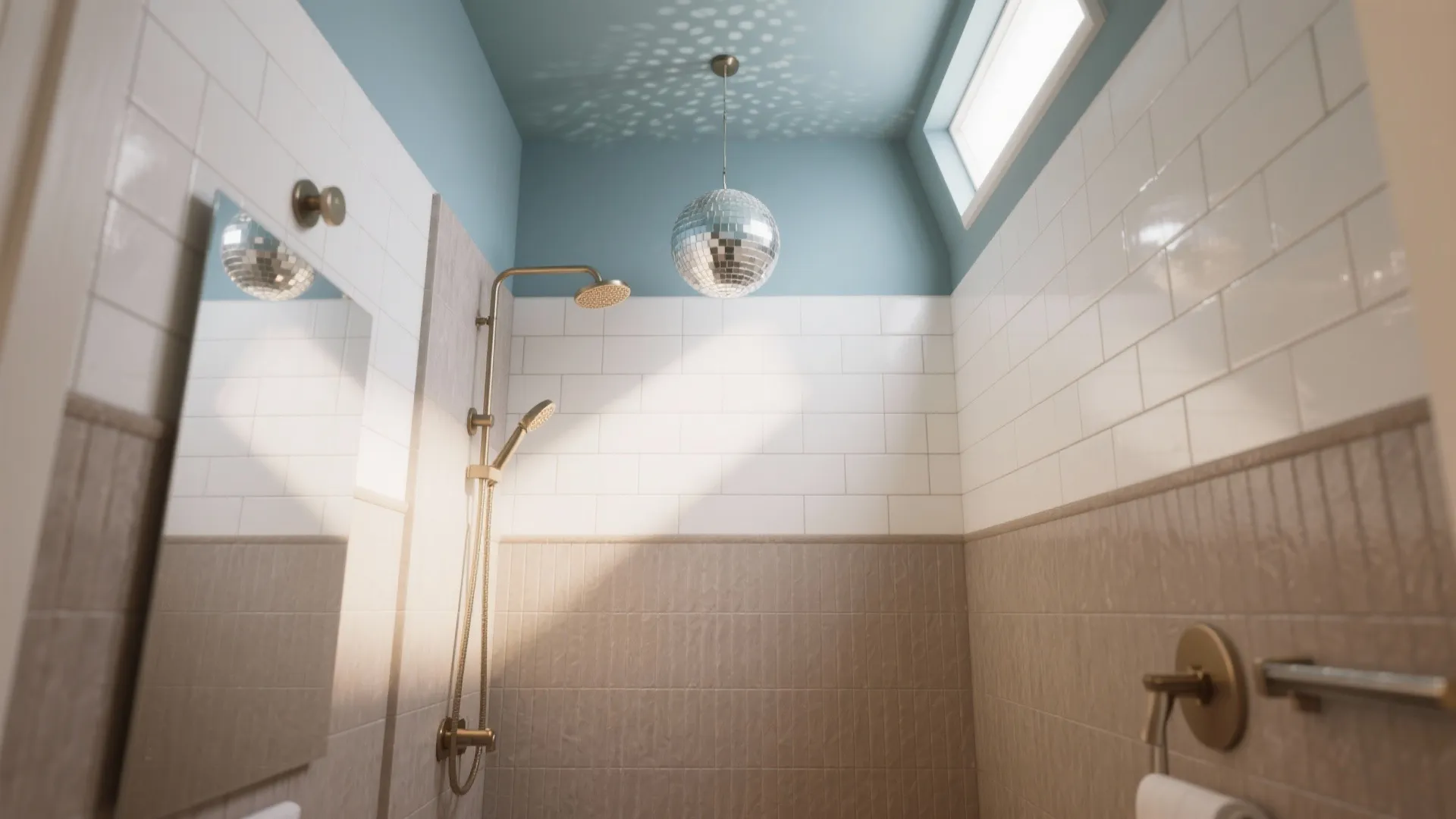 Modern bathroom shower area with blue ceiling white wall tiles and a silver disco ball