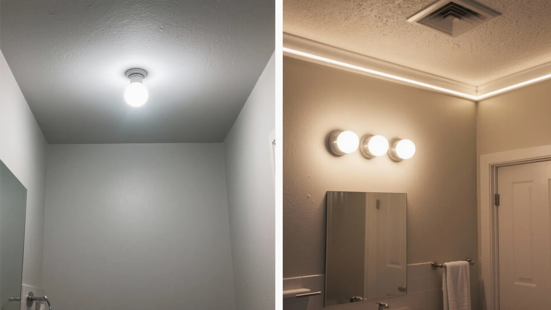 Before and after comparison of a single light bulb versus warm bathroom wall light fixtures