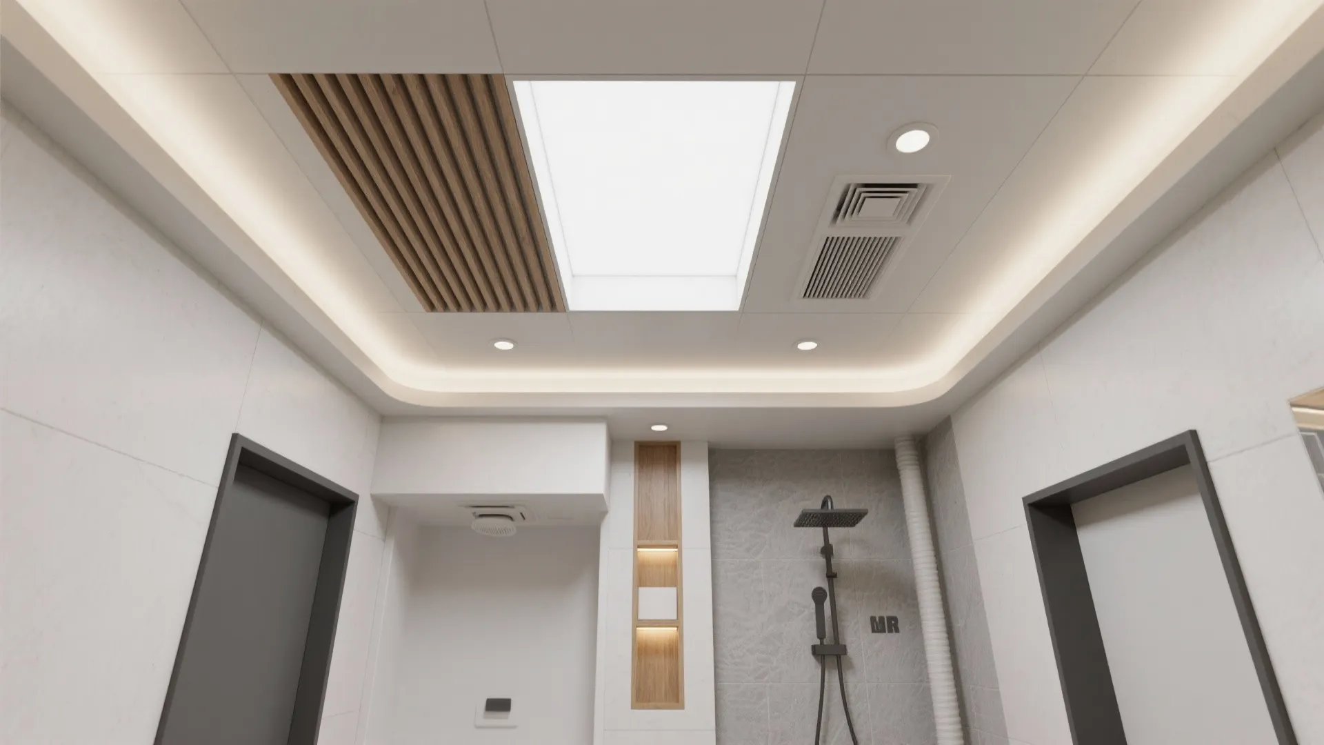 Modern bathroom ceiling with wood panel details, white ceiling light, vent, and grey wall tiles