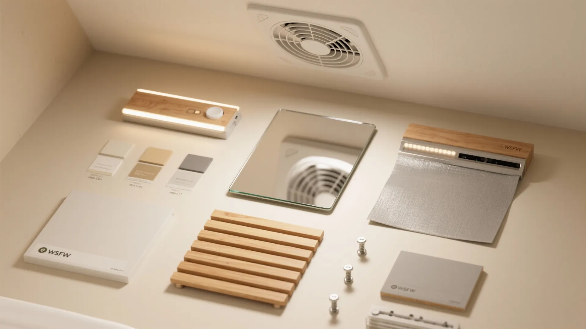 Bathroom ceiling kit components including wooden slats mirror light fixture and ventilation fan on table