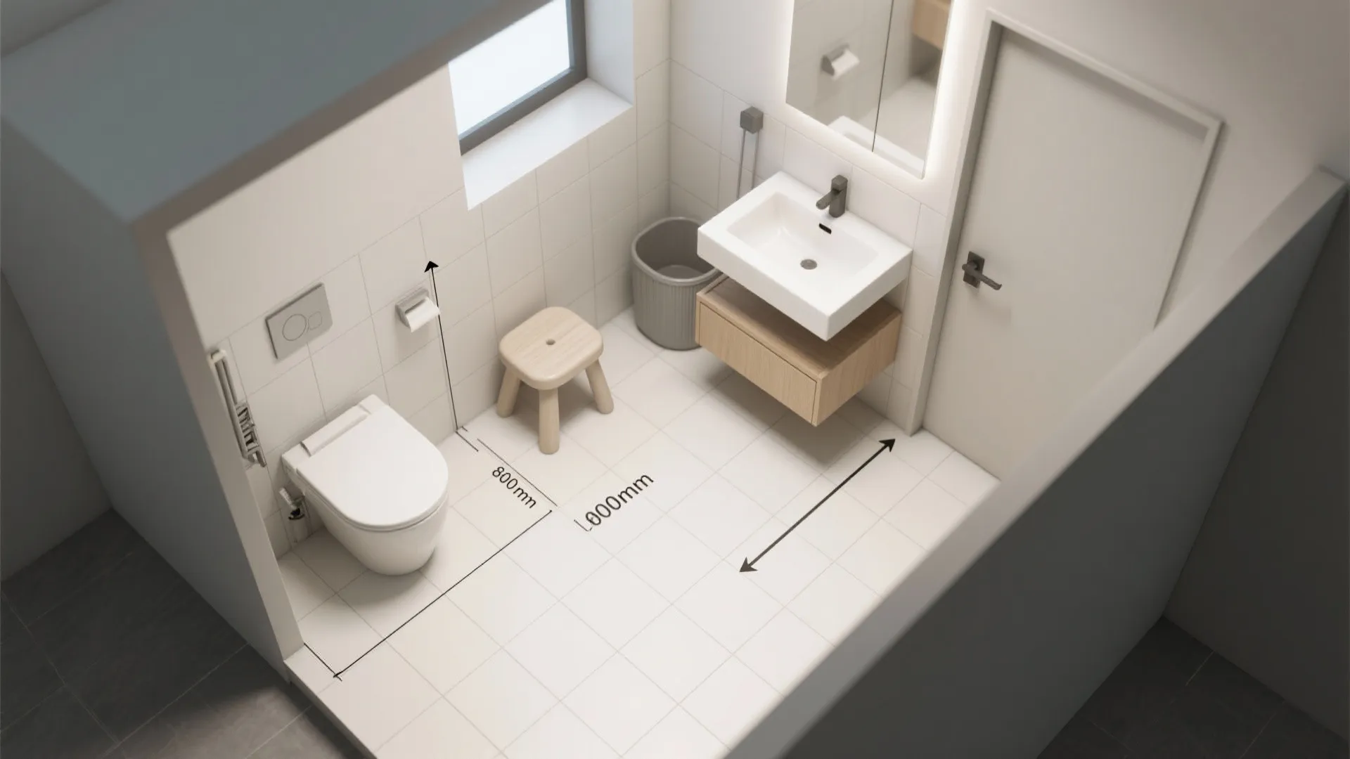 Top-down tiny bathroom plan showing stool placement and 600 mm clear path.