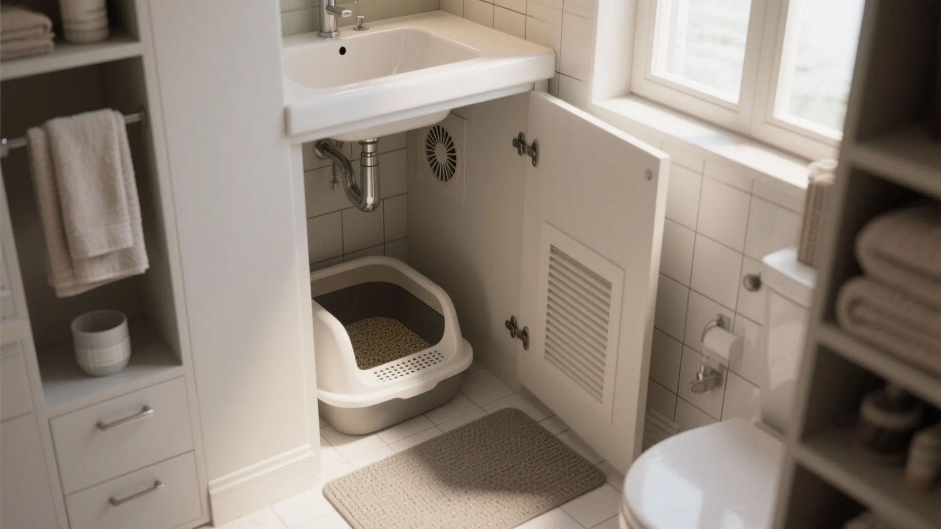 White bathroom sink with an open cabinet below showing a hidden cat litter box inside