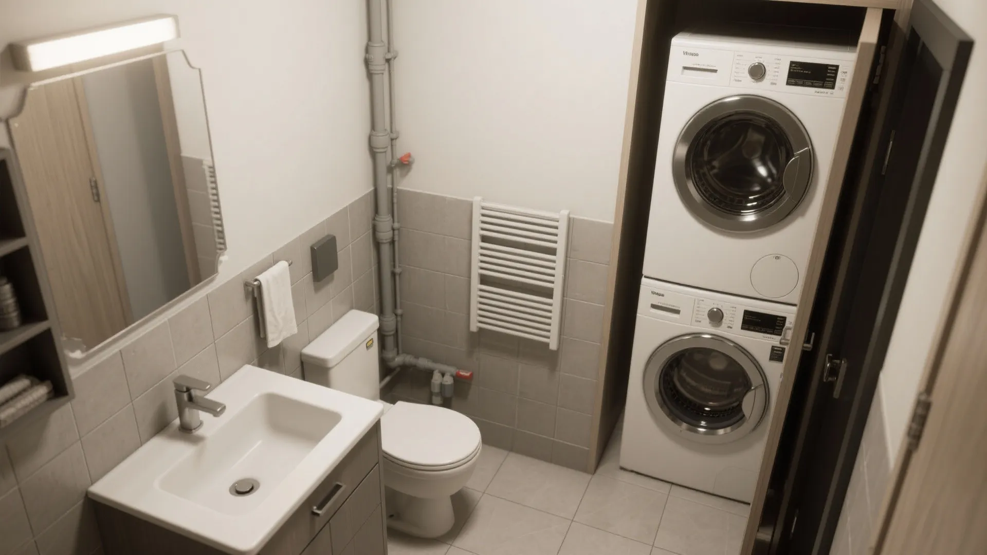 Small bathroom layout including white sink toilet and stacked washing machine and dryer in corner