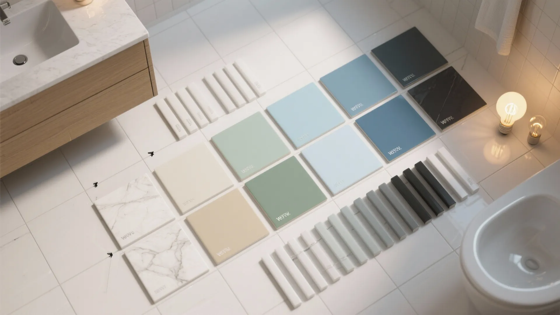 Multiple colorful tile samples laid on white bathroom floor near wooden sink vanity and toilet