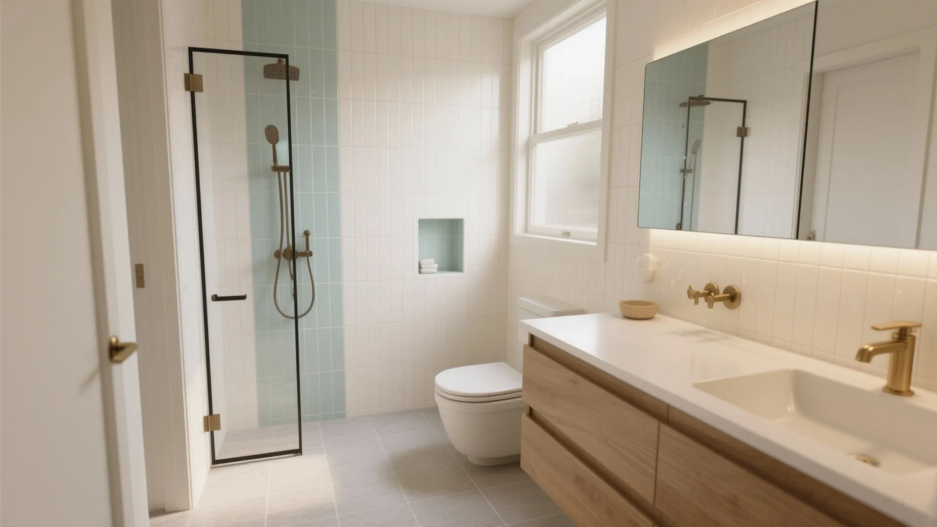 Bright bathroom featuring light wood cabinet white sinks glass shower door and light blue tiles