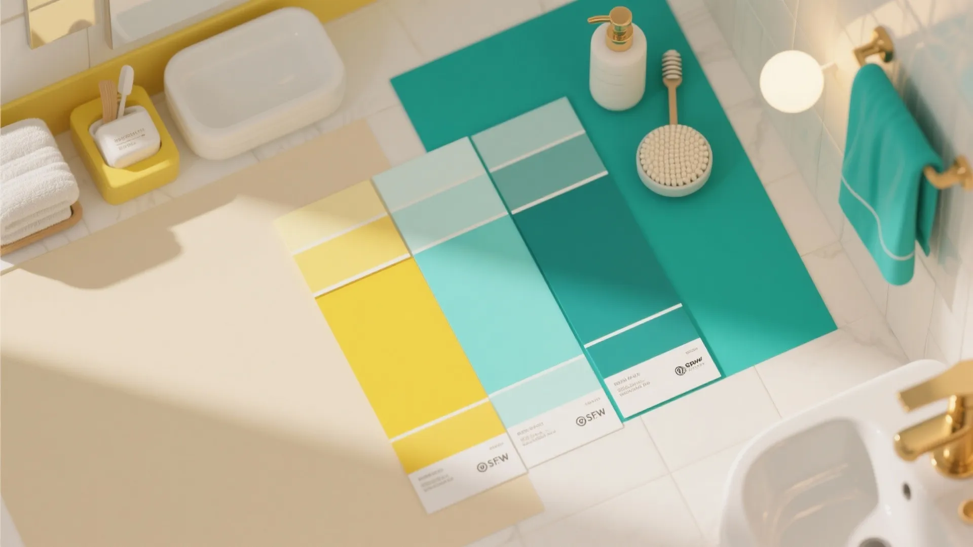 Bathroom color palette samples in yellow and teal shades placed on a white tiled floor