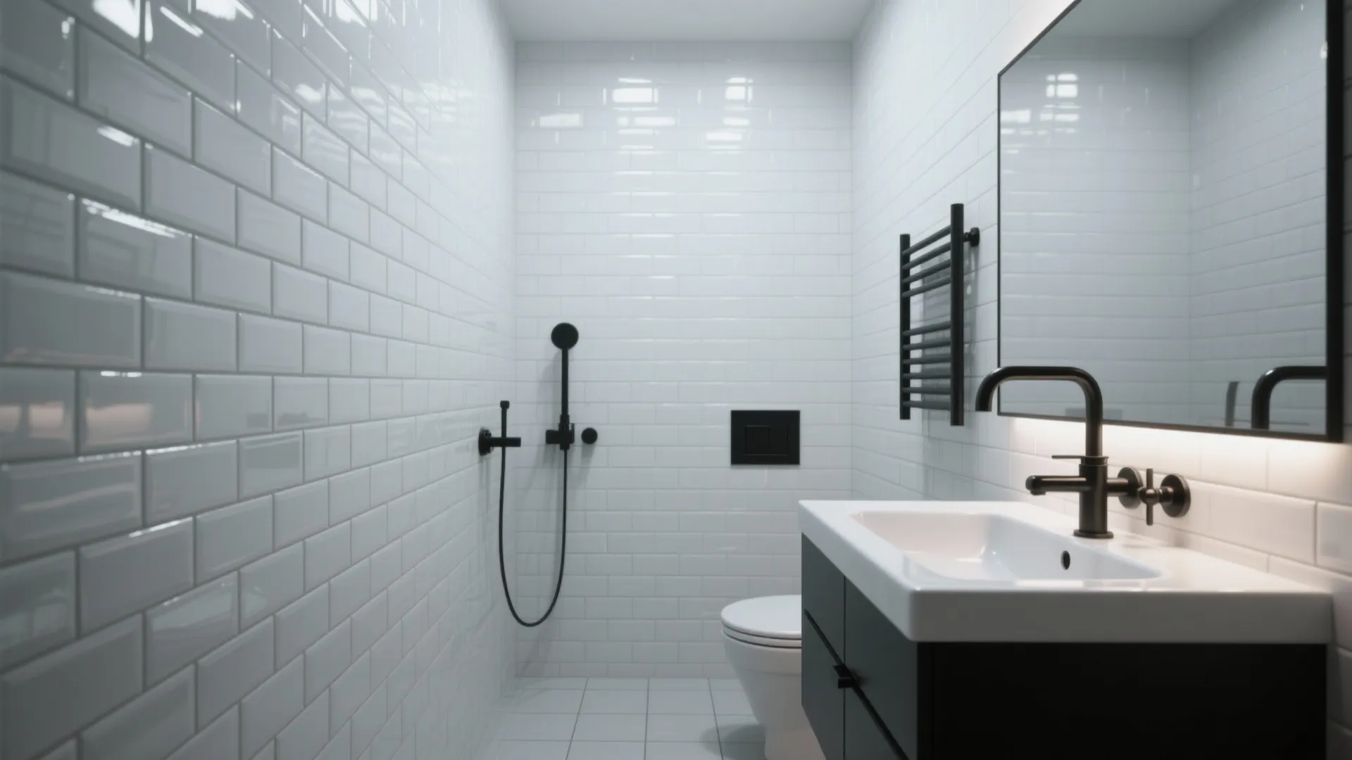 Small bathroom with white wall tiles black shower head toilet white sink and large mirror