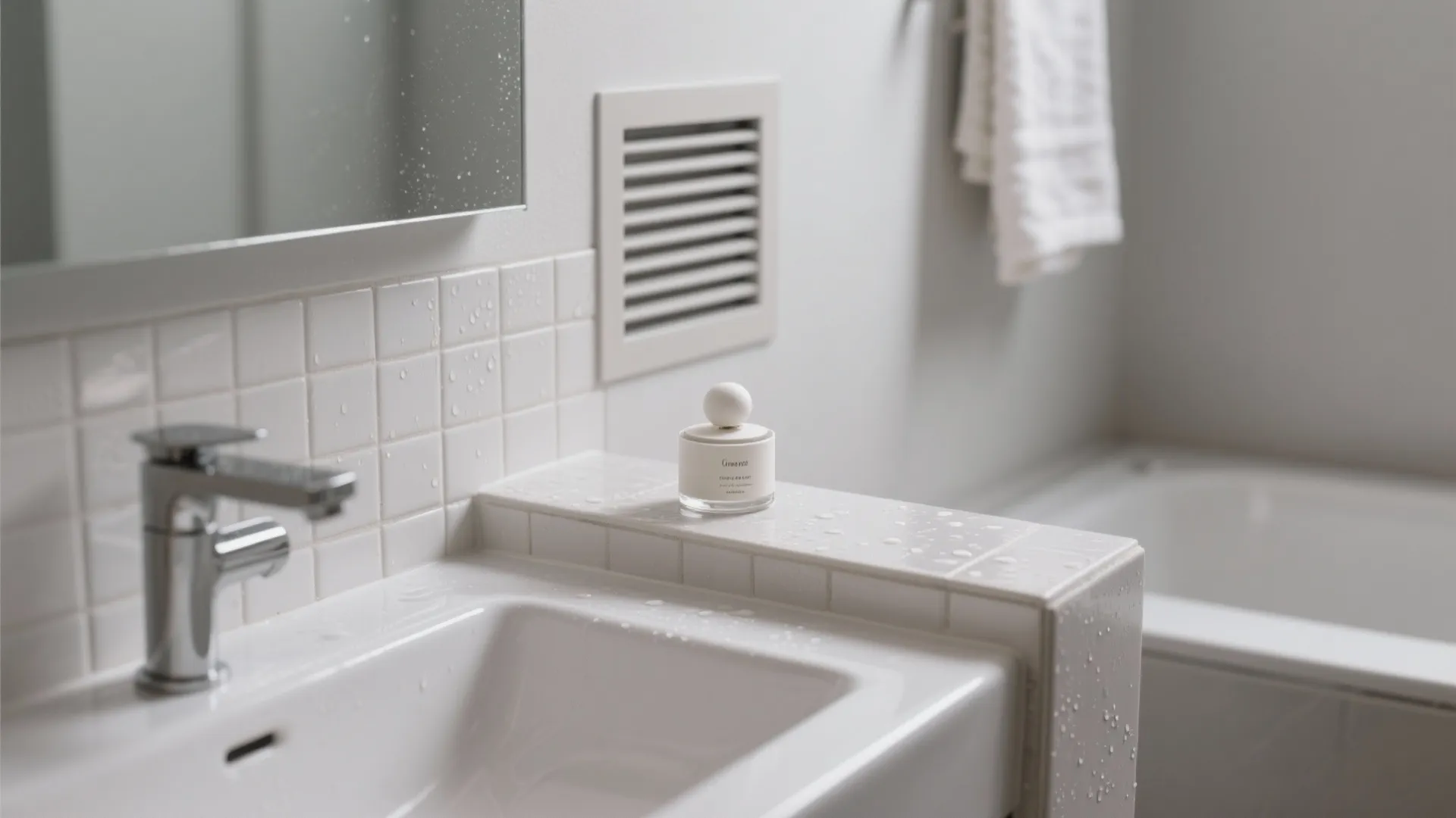 Small fragrance pod placed on a bathroom ledge near ventilation to neutralize odors in a clean modern bathroom corner.
