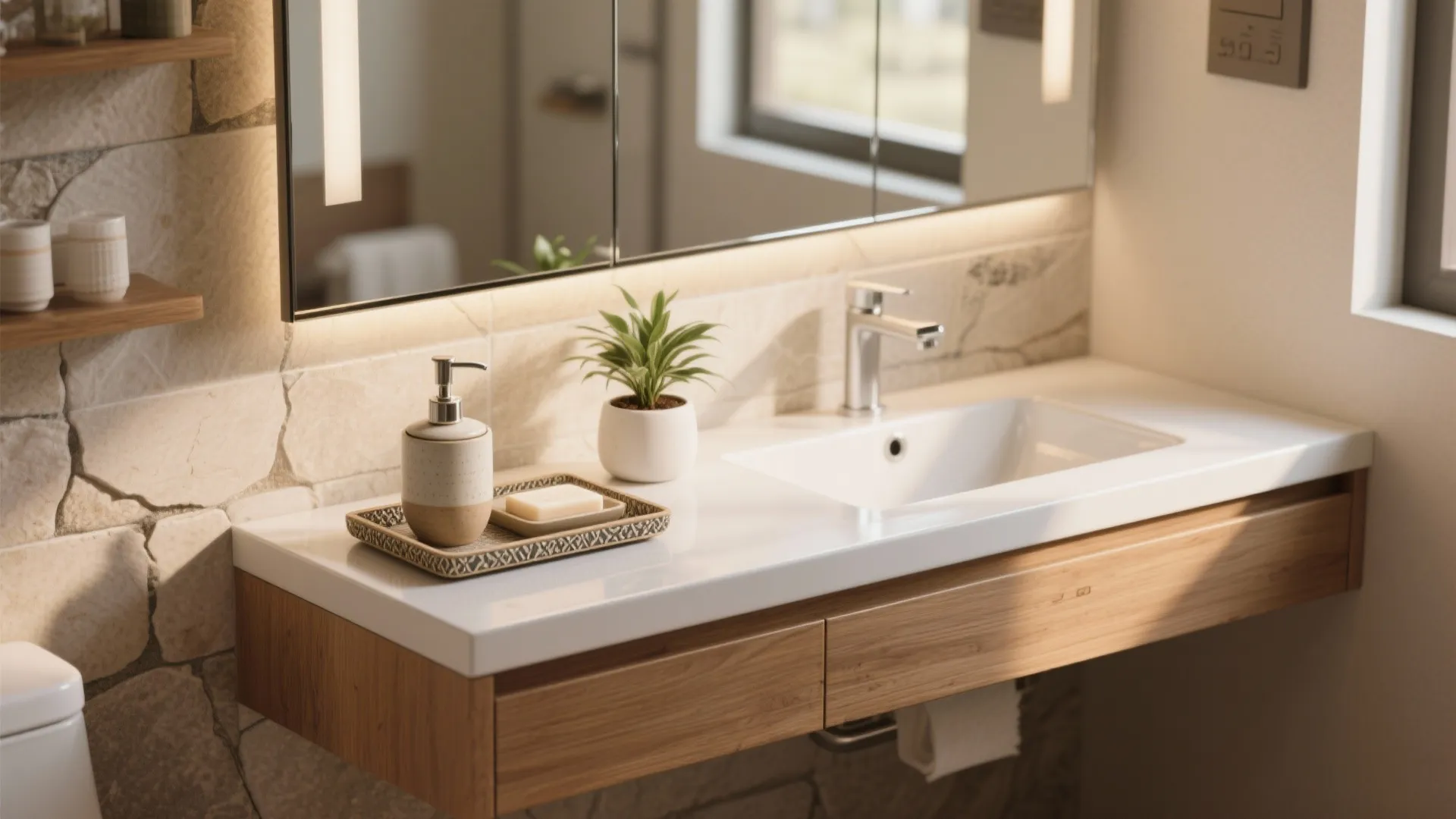 Modern bathroom sink area with stone wall panel wooden cabinet soap dispenser and green plant