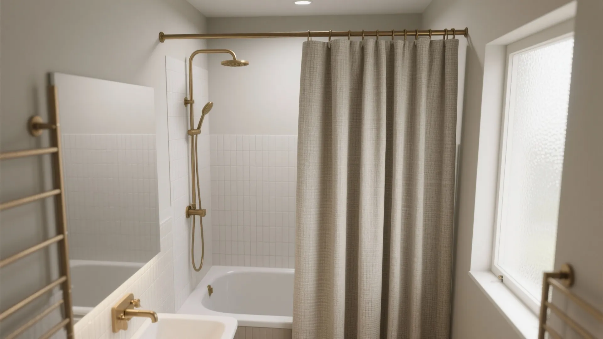 Modern bathroom interior design drawing with gold light fixture white bathtub and beige cloth curtain