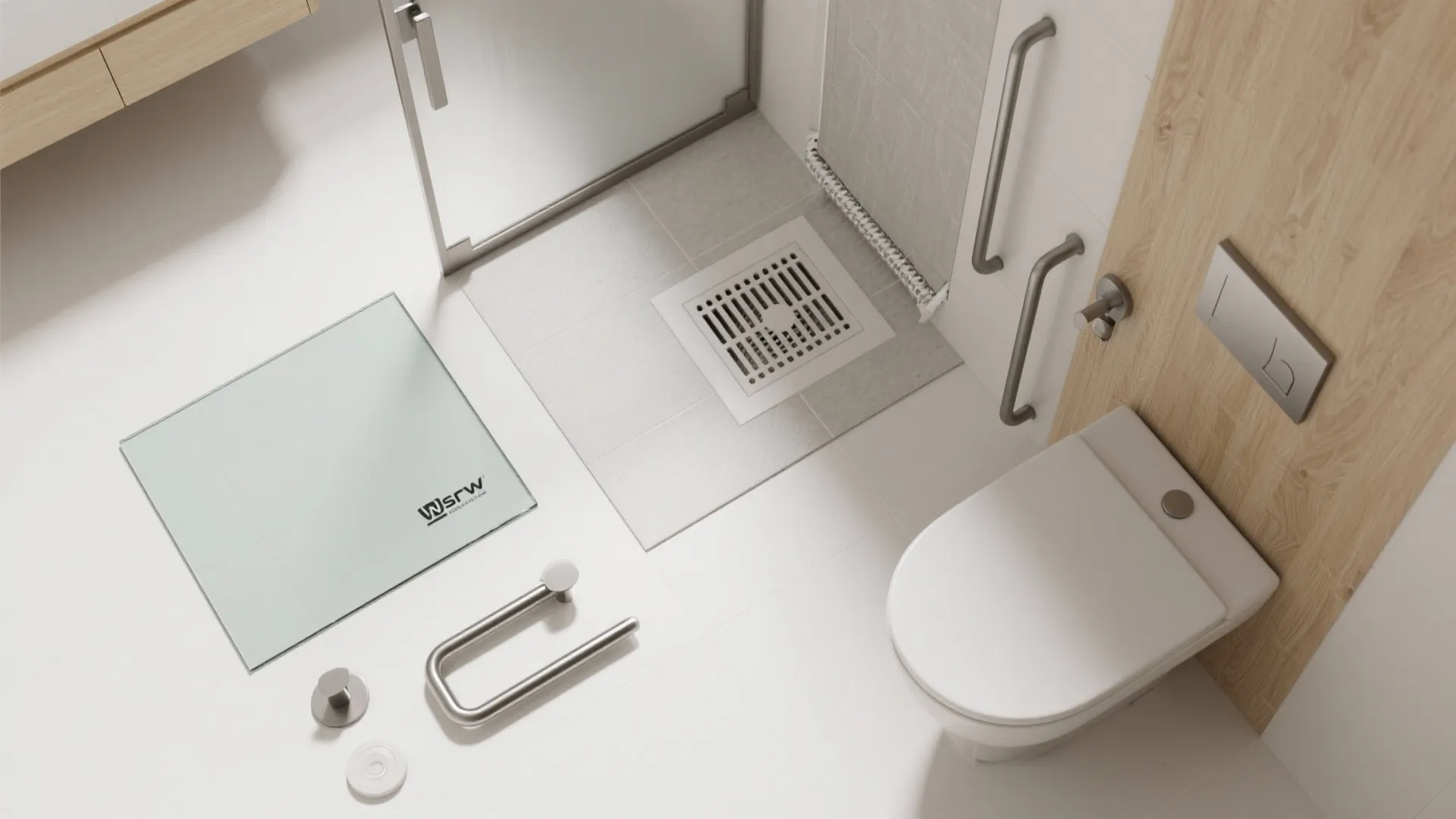Top view of bathroom layout including white toilet, floor drain, glass panel, and metal handles